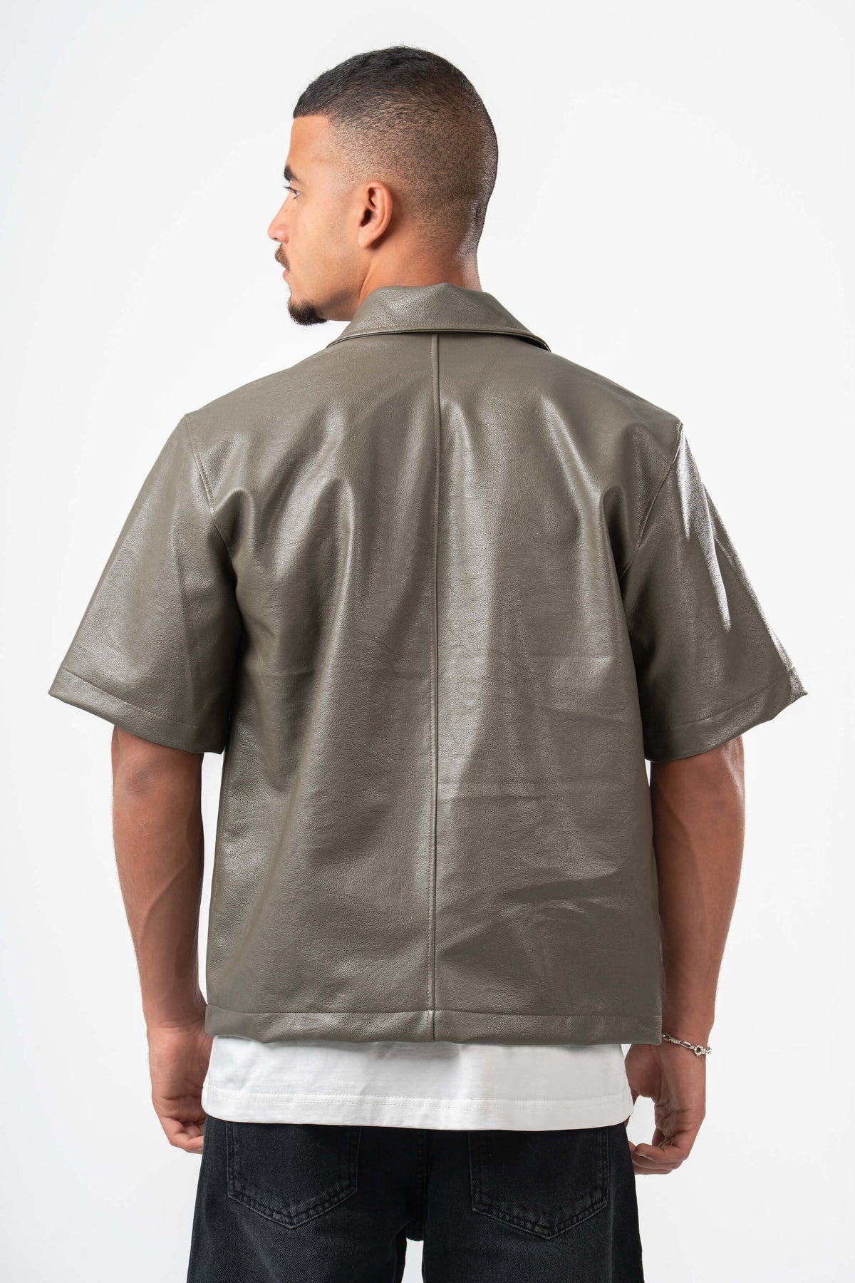 GREYISH GREEN BOXY FAUX-LEATHER SHIRT JACKET