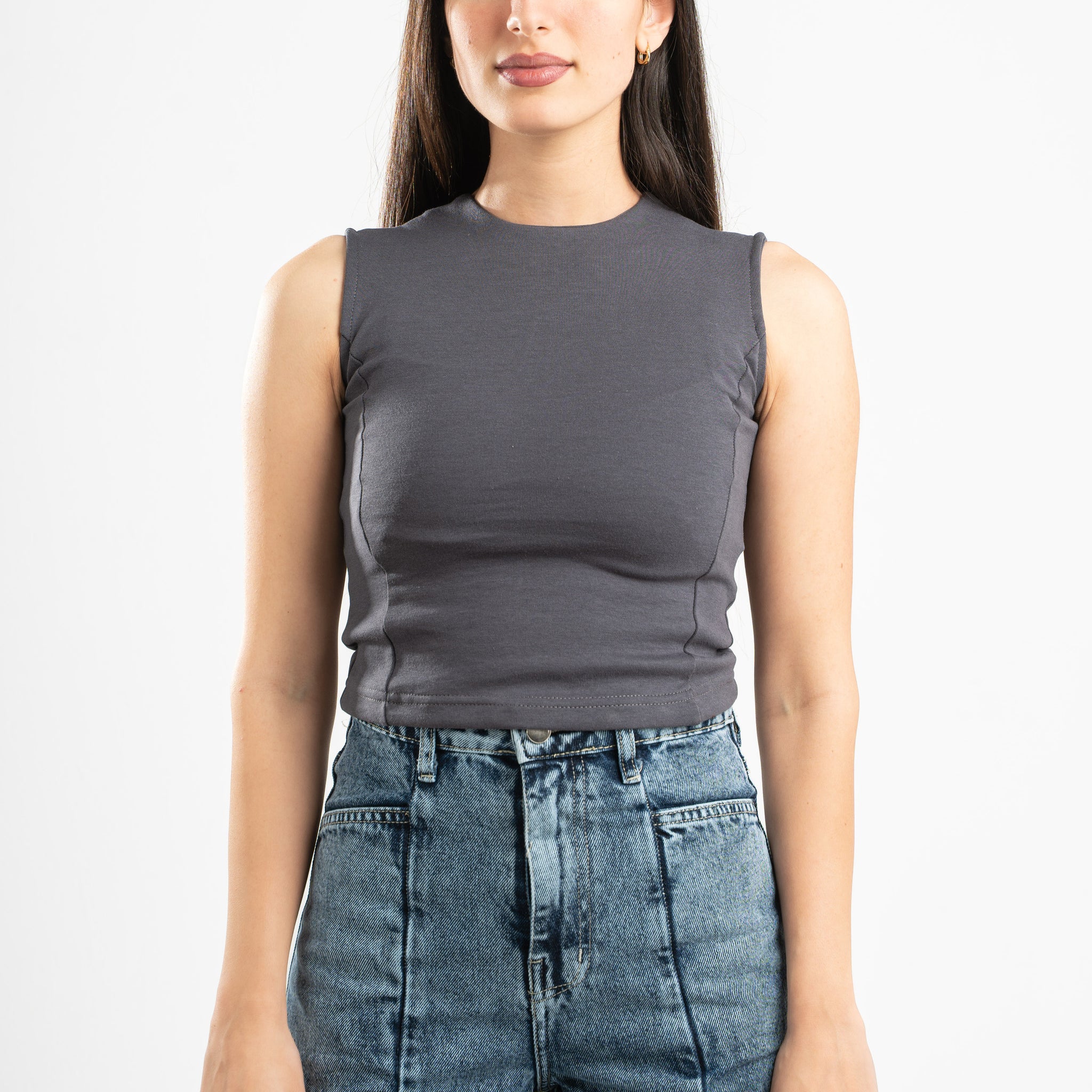 DARK GREY SLEEVELESS FITTED TOP
