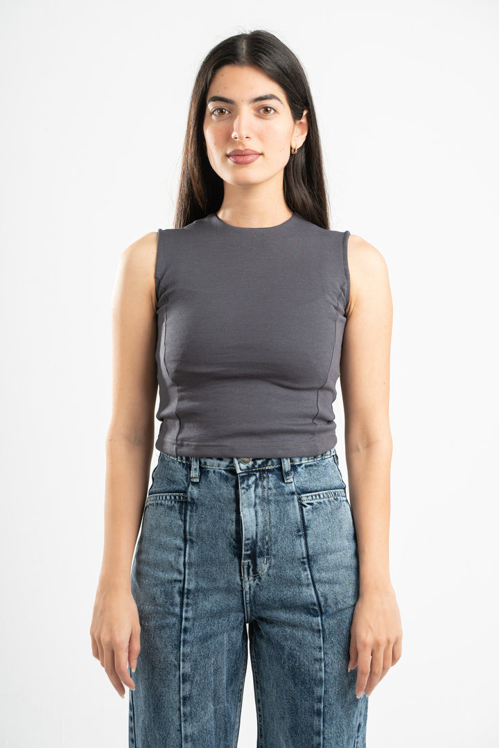 DARK GREY SLEEVELESS FITTED TOP
