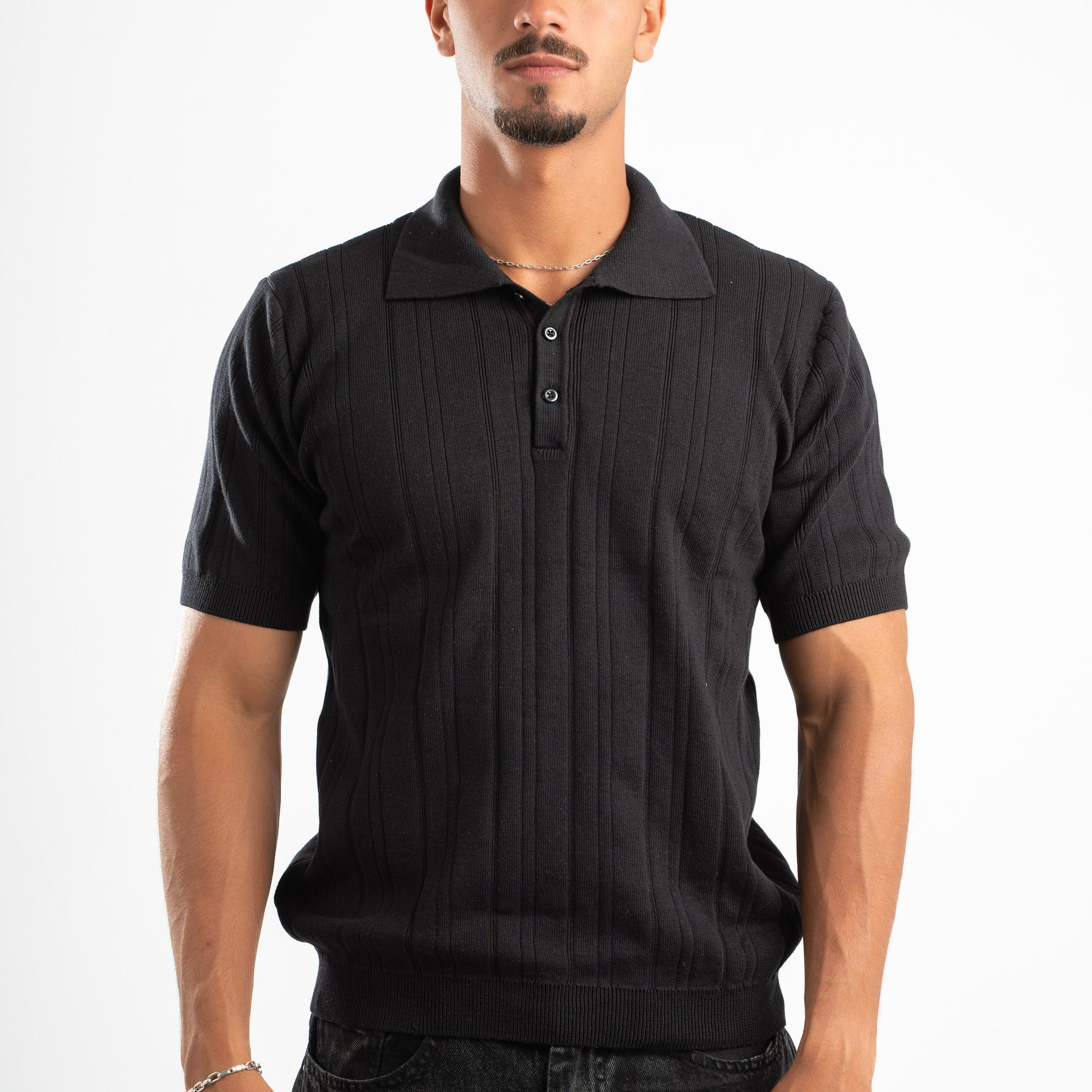 BLACK RIBBED KNIT POLO 09