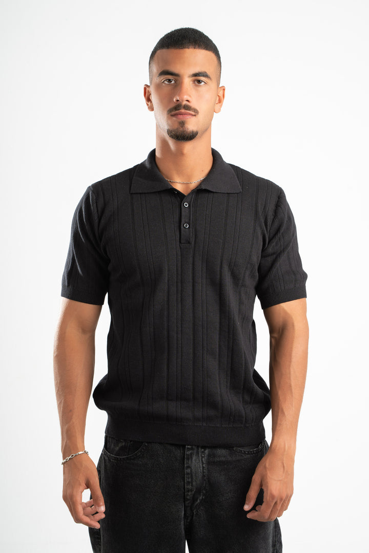 BLACK RIBBED KNIT POLO 09