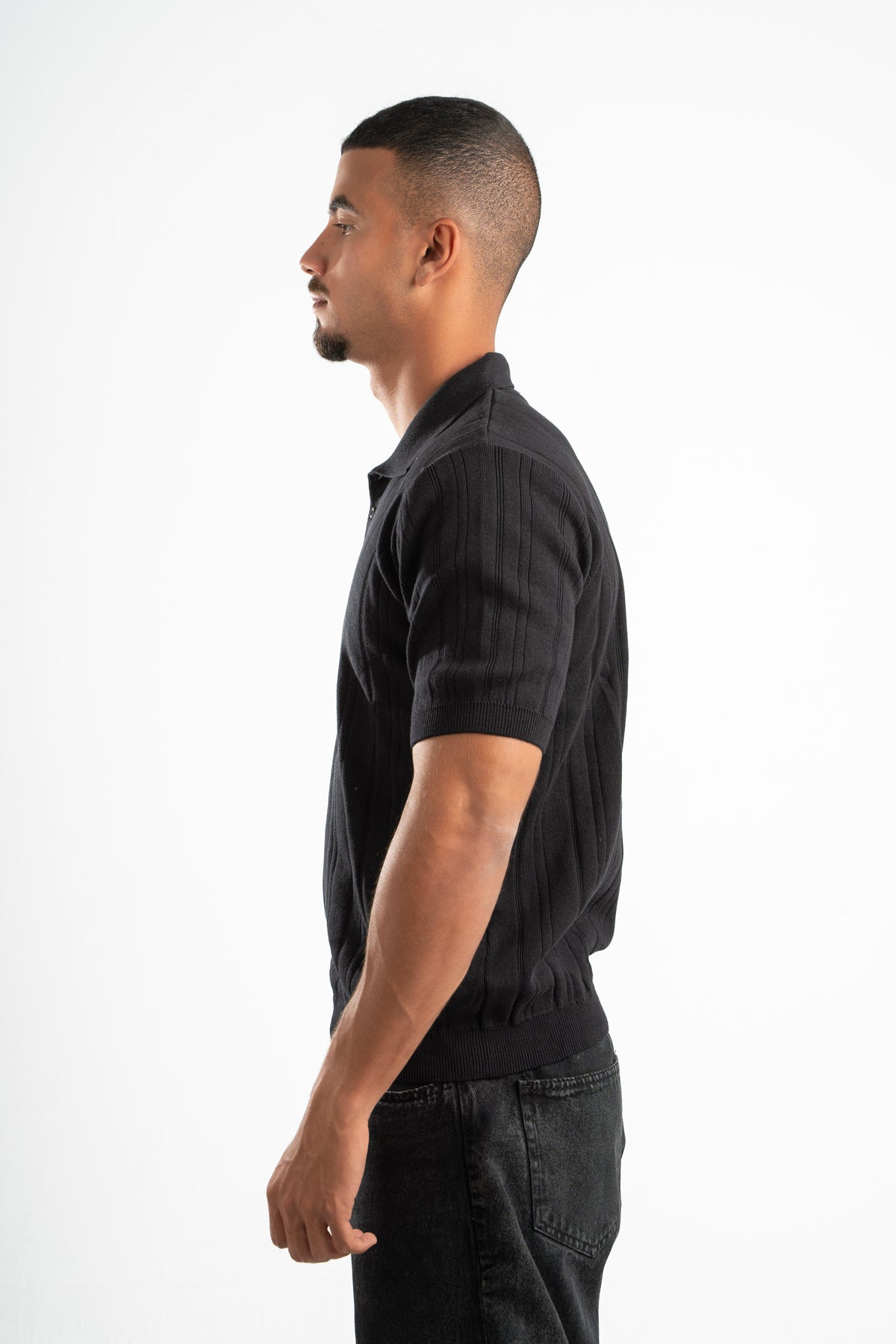 BLACK RIBBED KNIT POLO 09