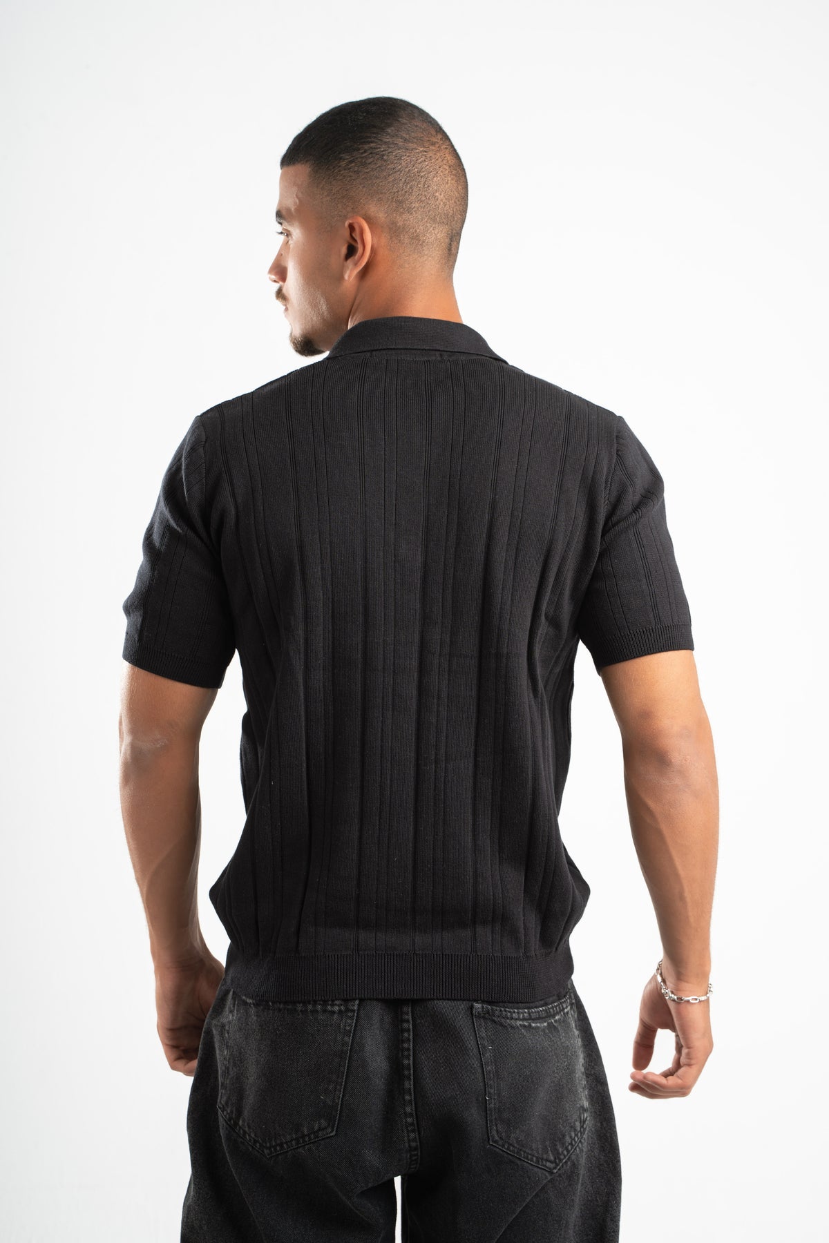 BLACK RIBBED KNIT POLO 09
