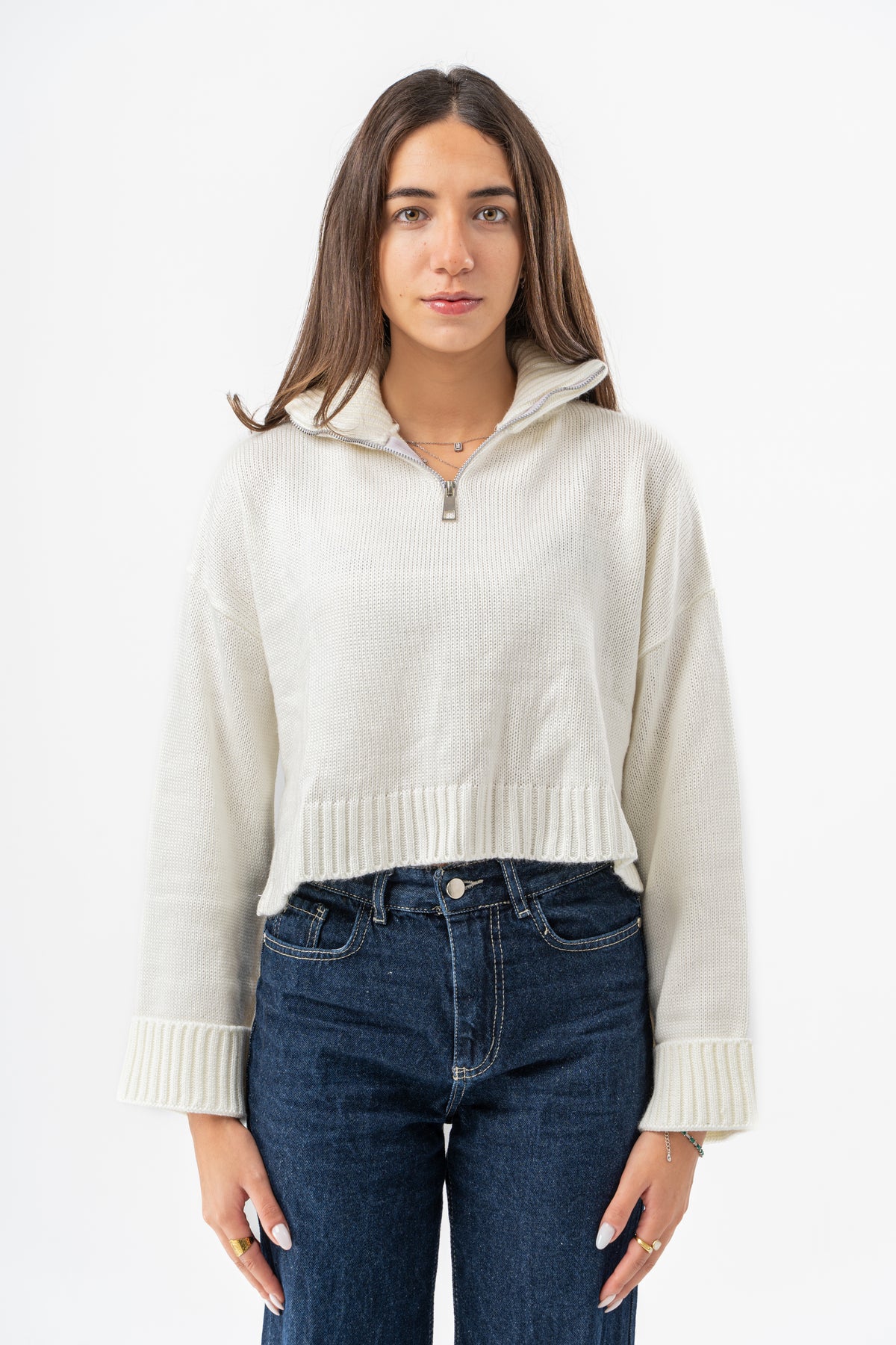 OFF-WHITE CROPPED KNITTED QUARTER ZIP