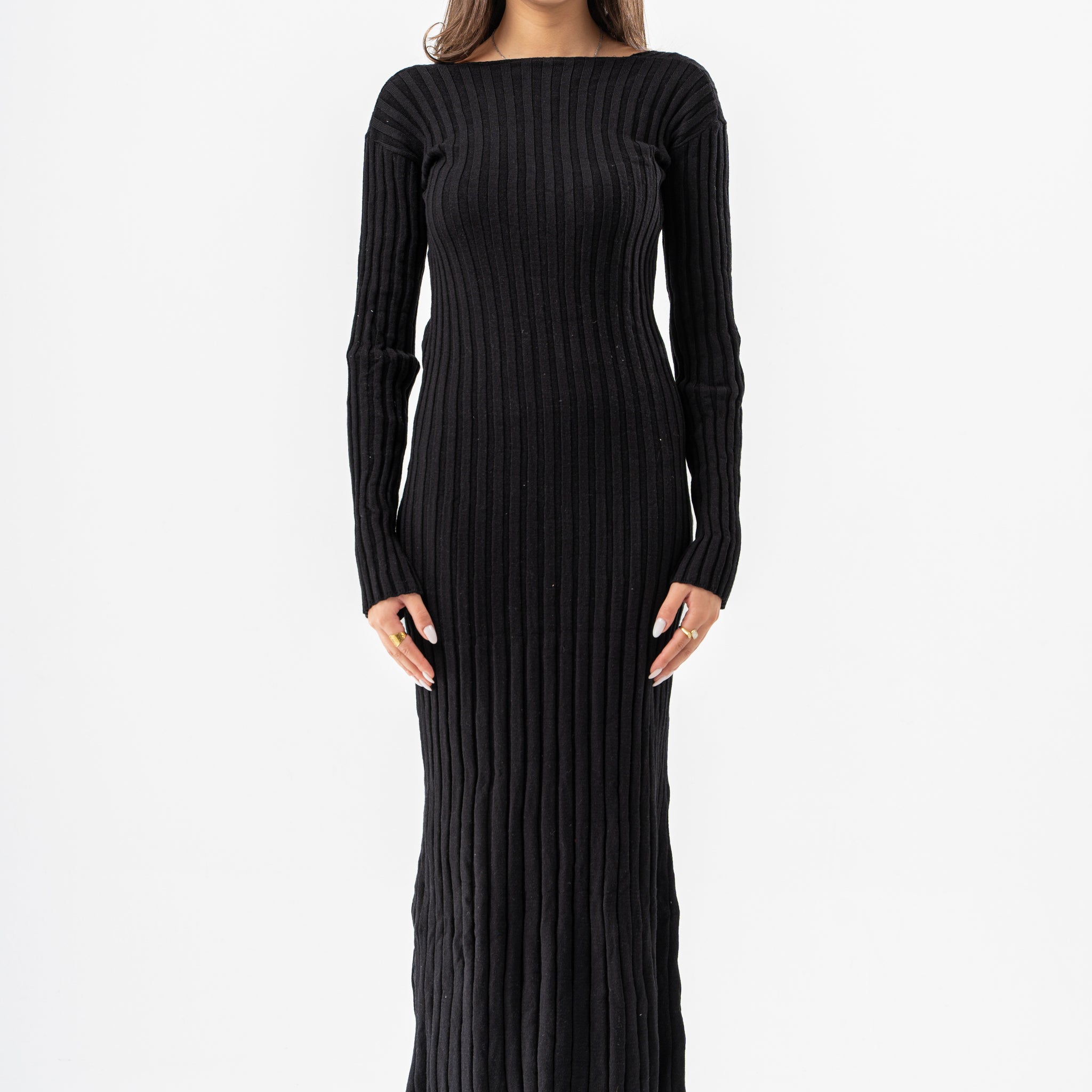 BLACK RIBBED LONG DRESS