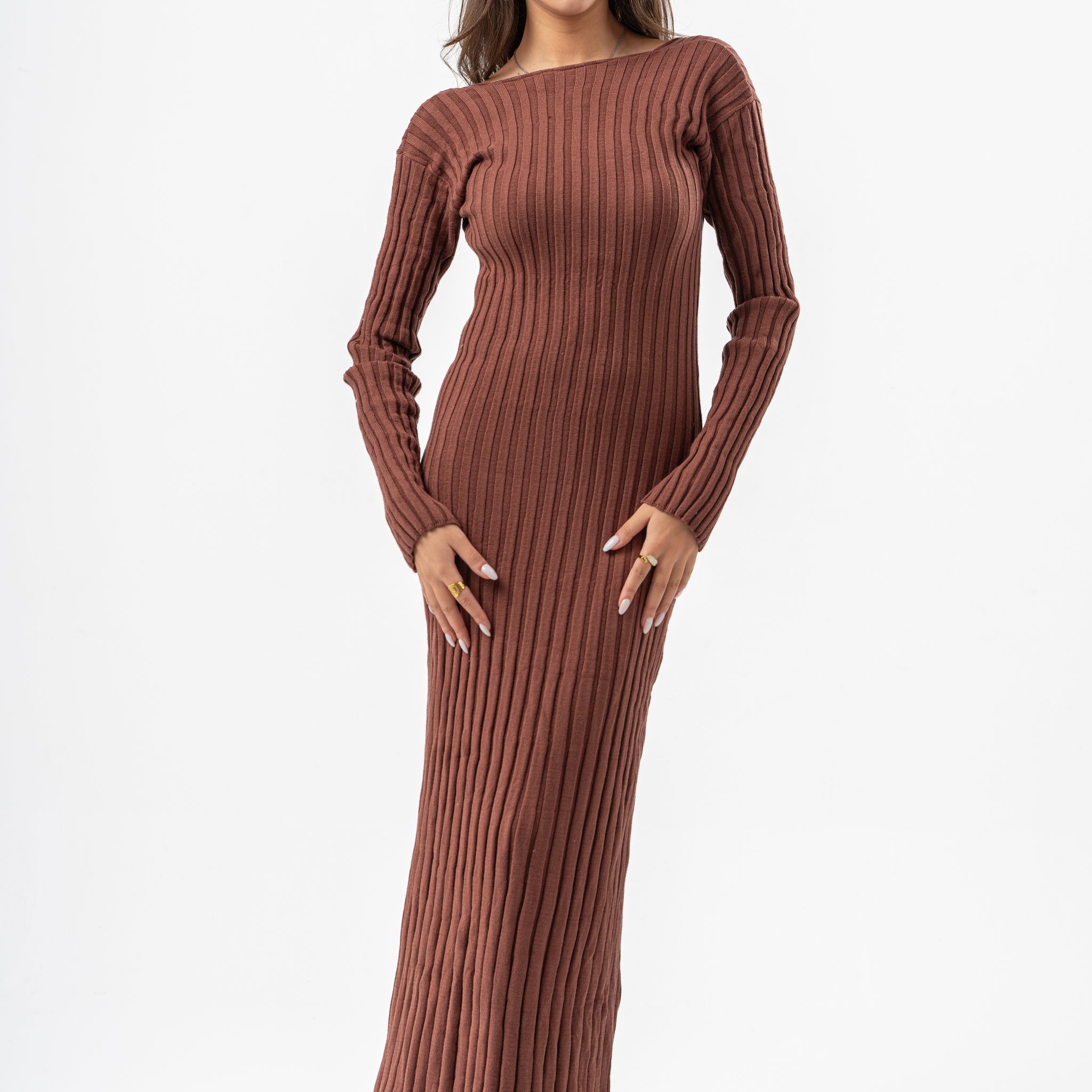 BROWN RIBBED LONG DRESS