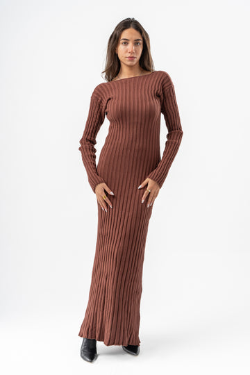 BROWN RIBBED LONG DRESS