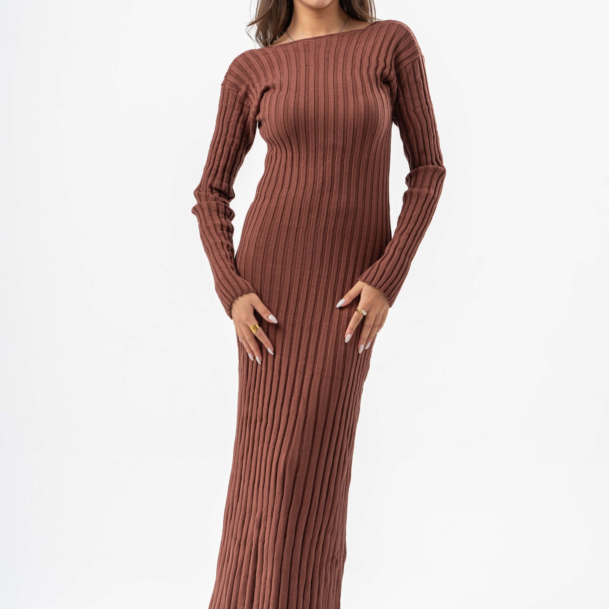 BROWN RIBBED LONG DRESS