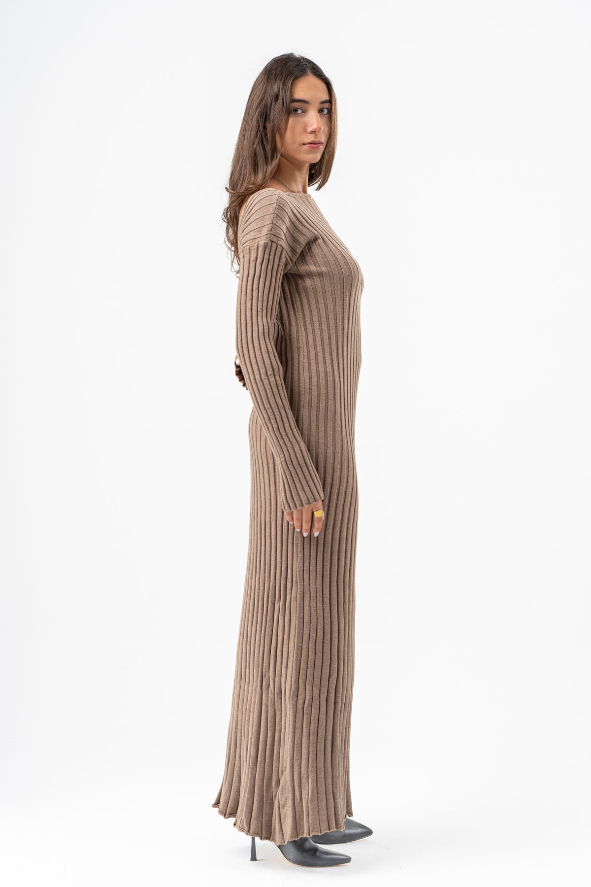 BEIGE RIBBED LONG DRESS