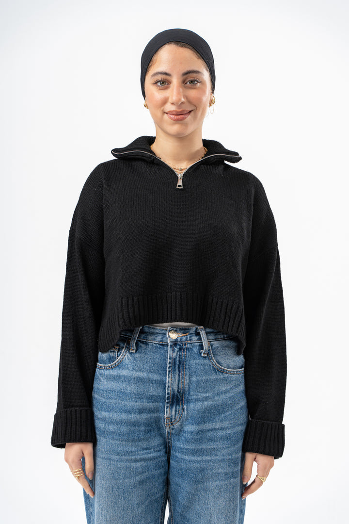 BLACK CROPPED KNITTED QUARTER ZIP