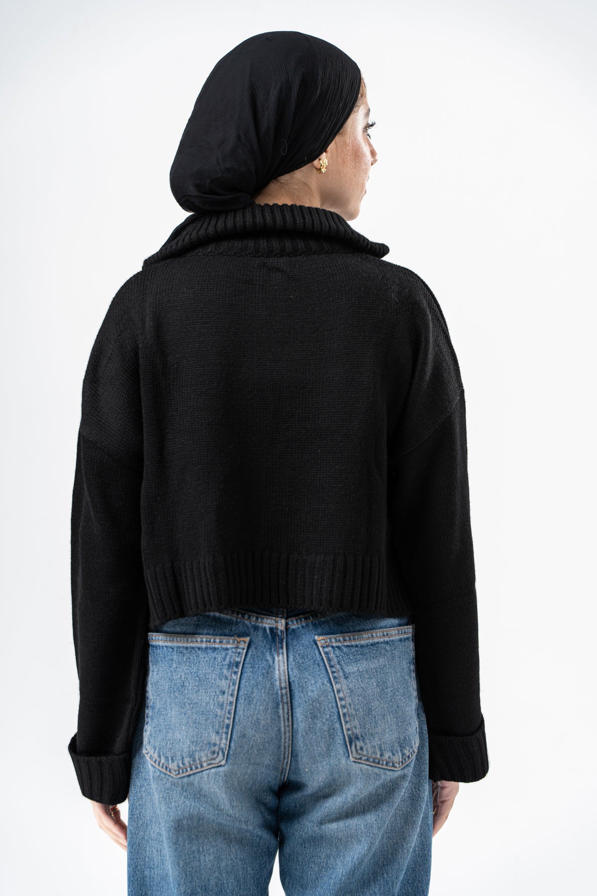 BLACK CROPPED KNITTED QUARTER ZIP