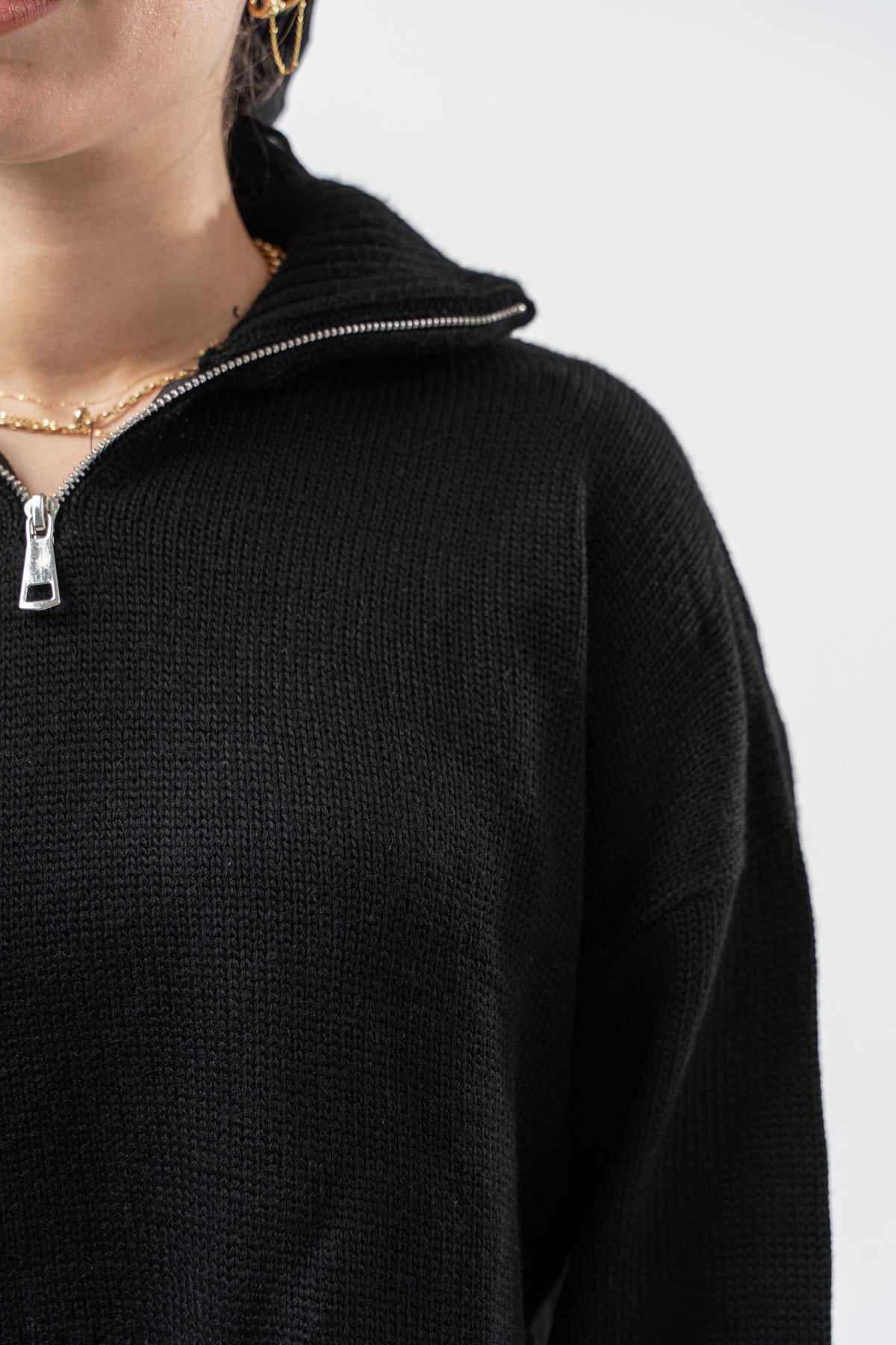BLACK CROPPED KNITTED QUARTER ZIP
