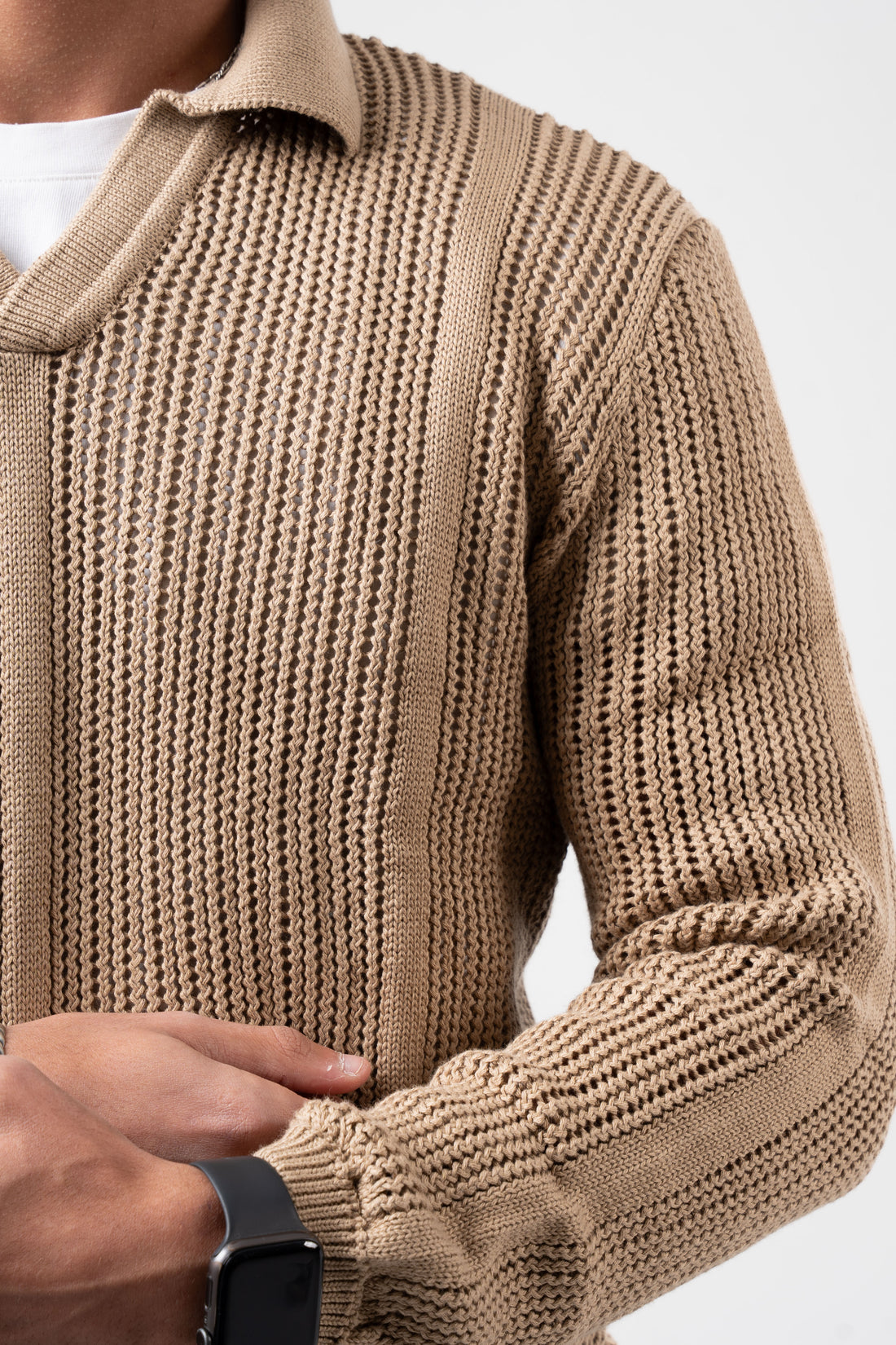 BEIGE NET KNITTED LONG SLEEVE POLO