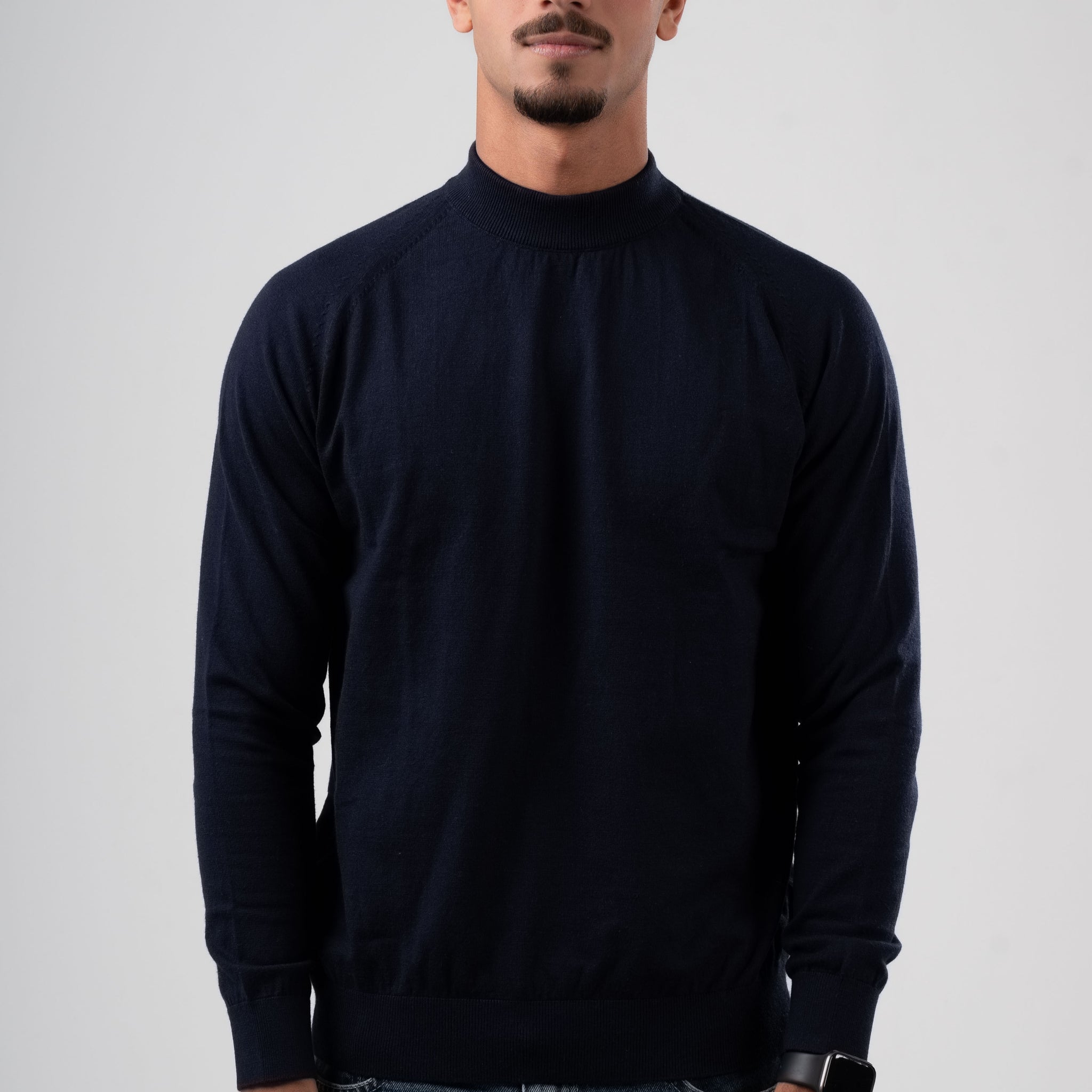 NAVY BLUE HALF COLLAR KNITTED PULLOVER