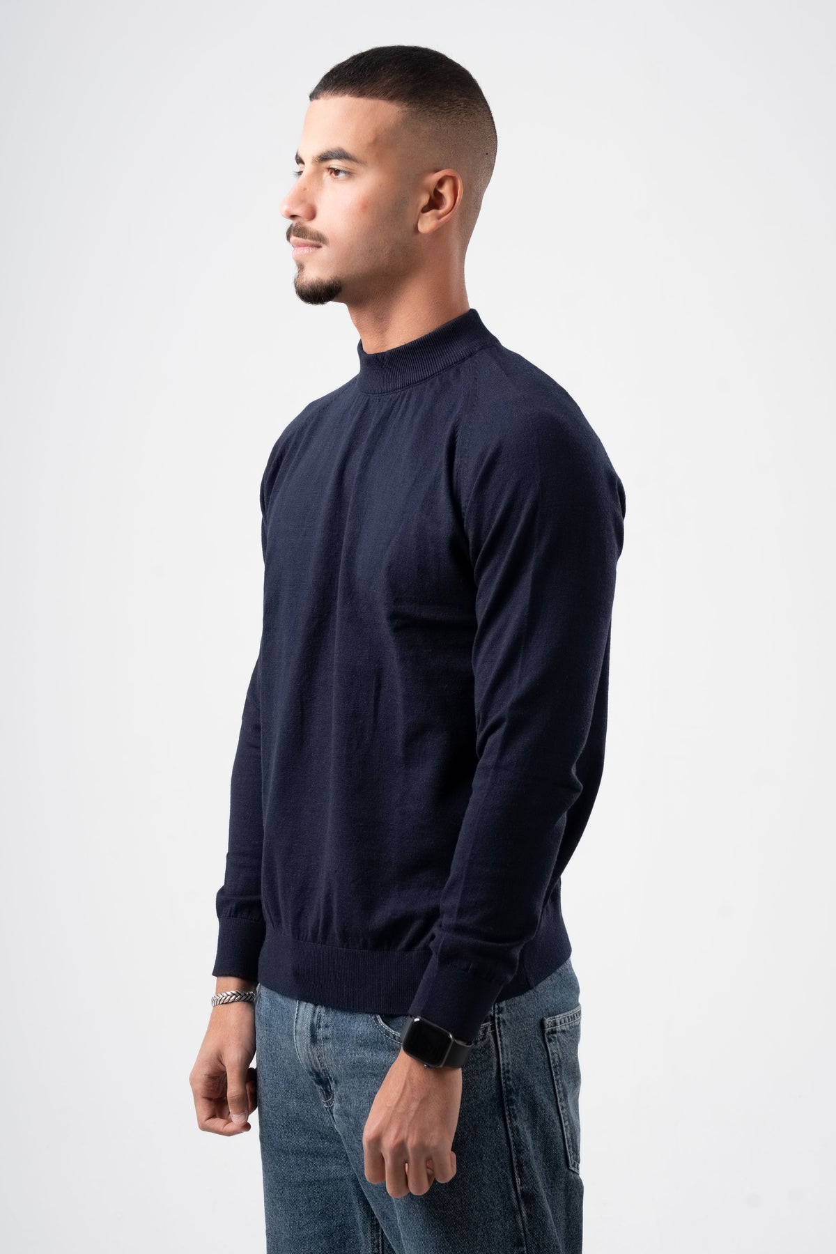 NAVY BLUE HALF COLLAR KNITTED PULLOVER