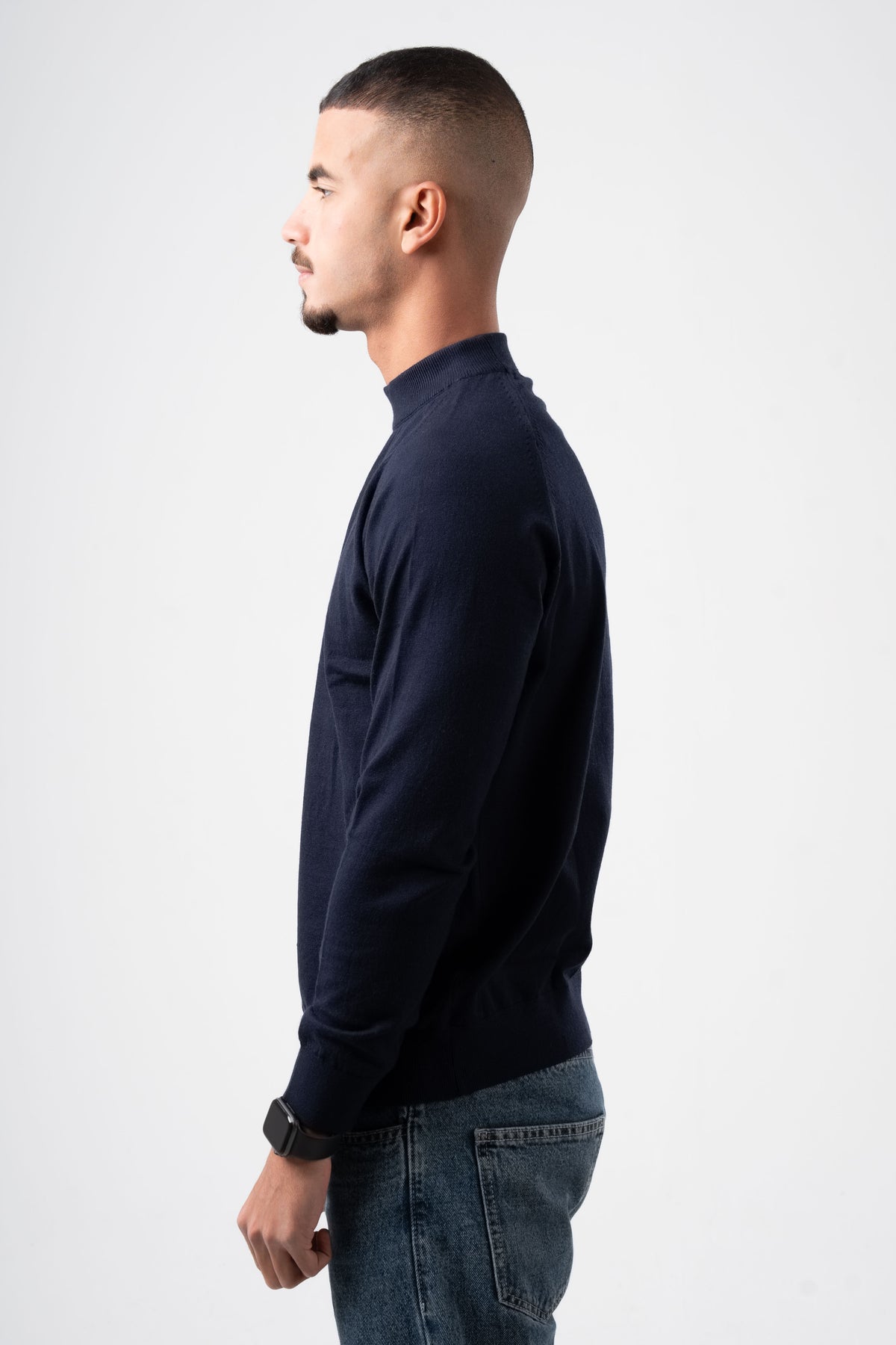 NAVY BLUE HALF COLLAR KNITTED PULLOVER