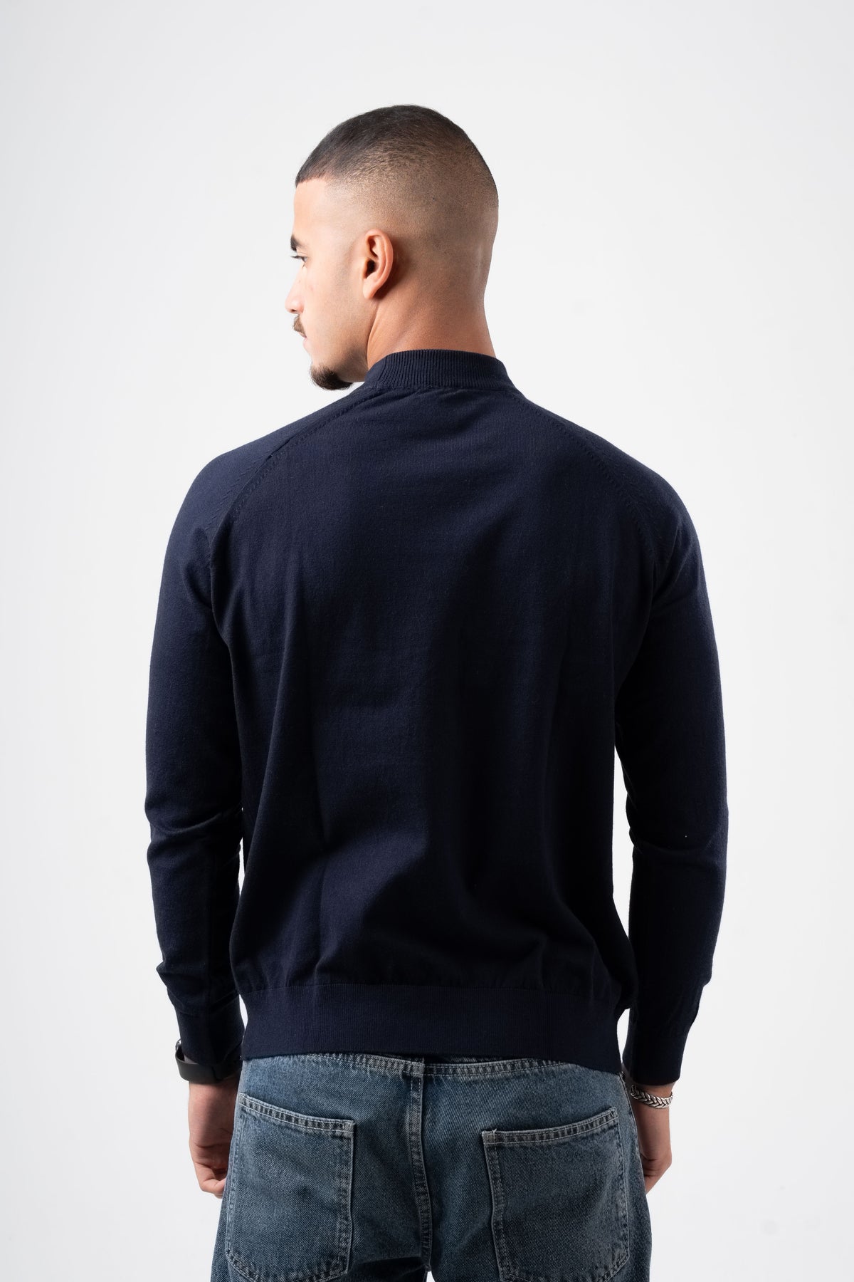 NAVY BLUE HALF COLLAR KNITTED PULLOVER