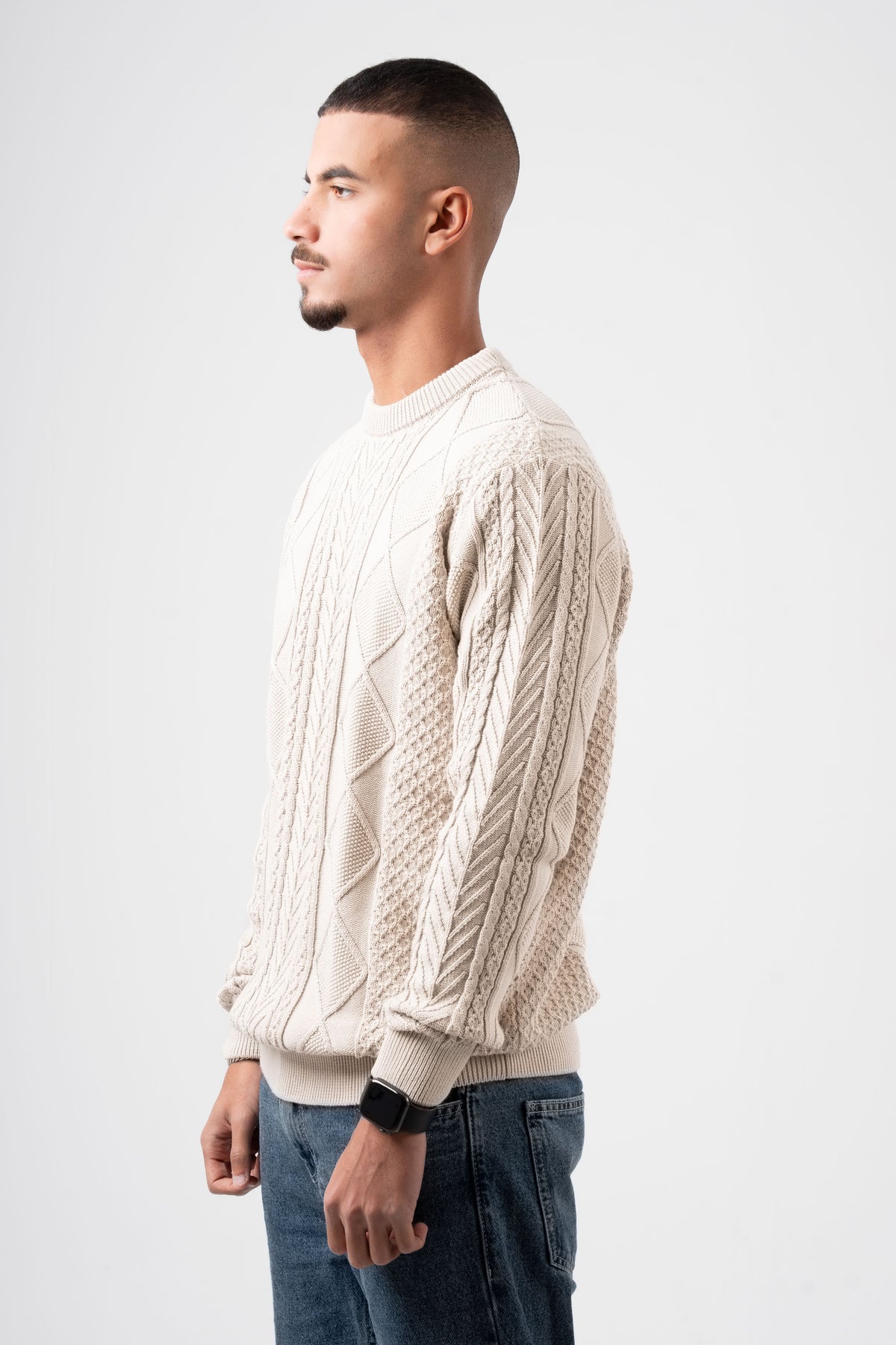 BEIGE BRAIDED KNIT PULLOVER