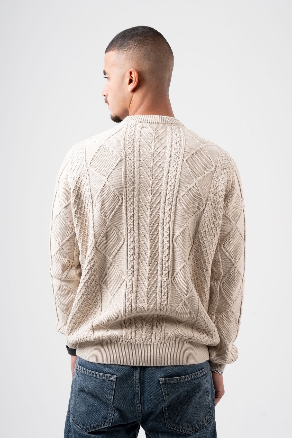 BEIGE BRAIDED KNIT PULLOVER