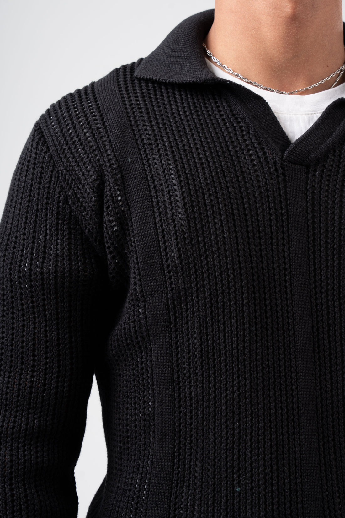 BLACK NET KNITTED LONG SLEEVE POLO