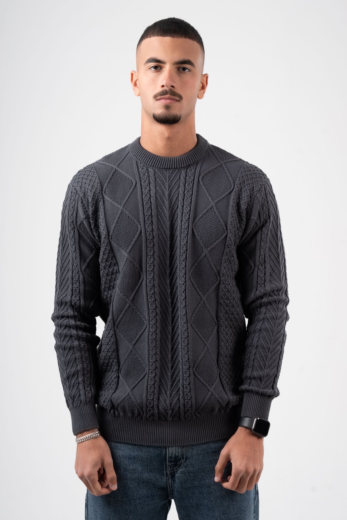 DARK GREY BRAIDED KNIT PULLOVER