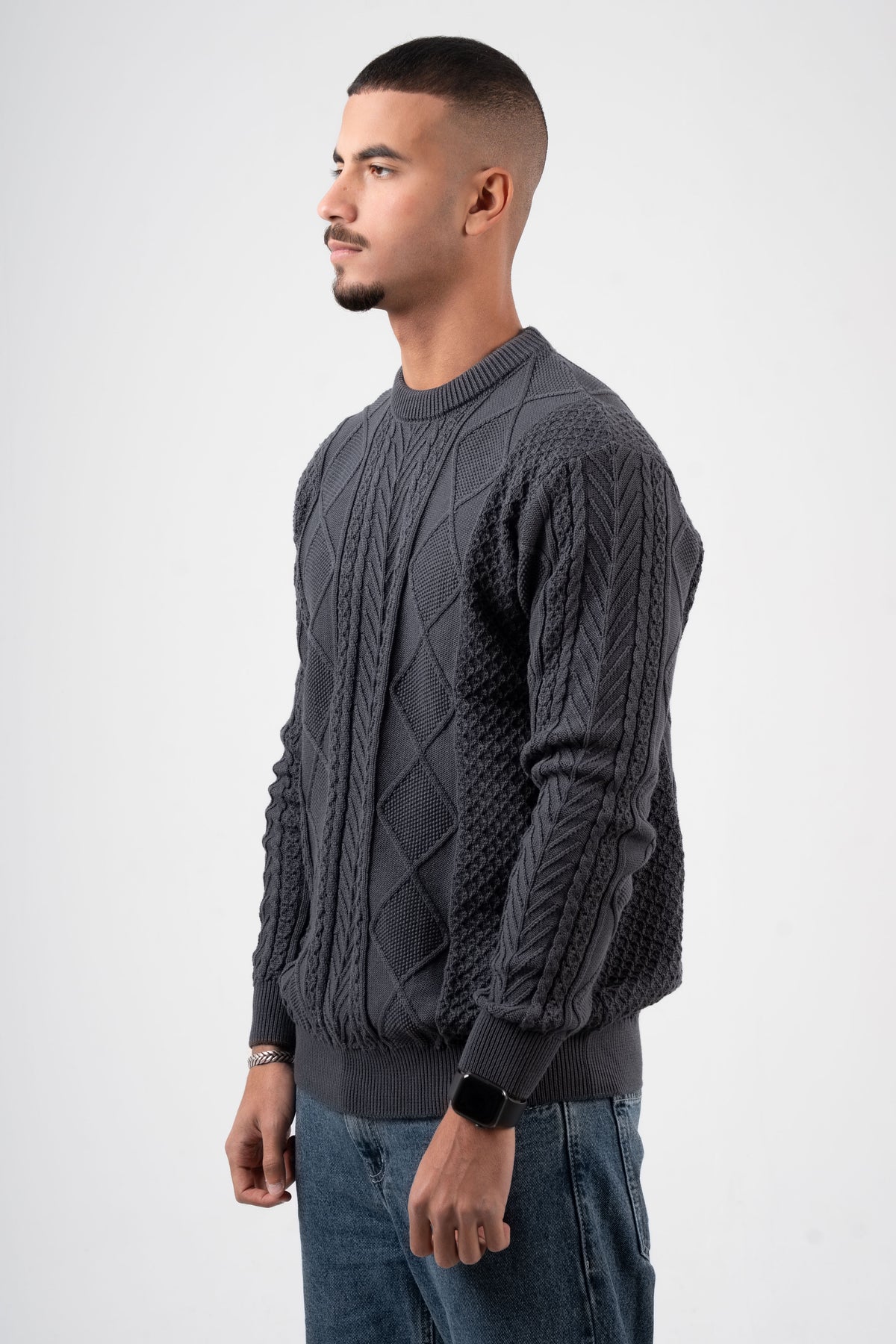 DARK GREY BRAIDED KNIT PULLOVER