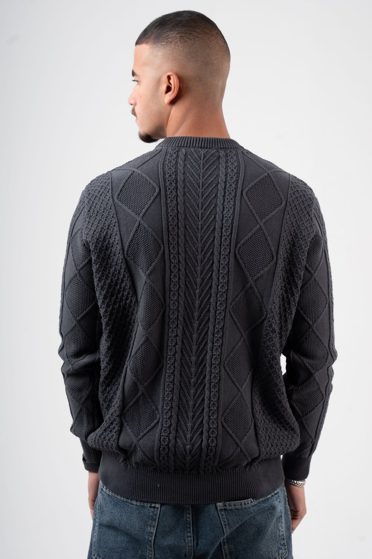 DARK GREY BRAIDED KNIT PULLOVER