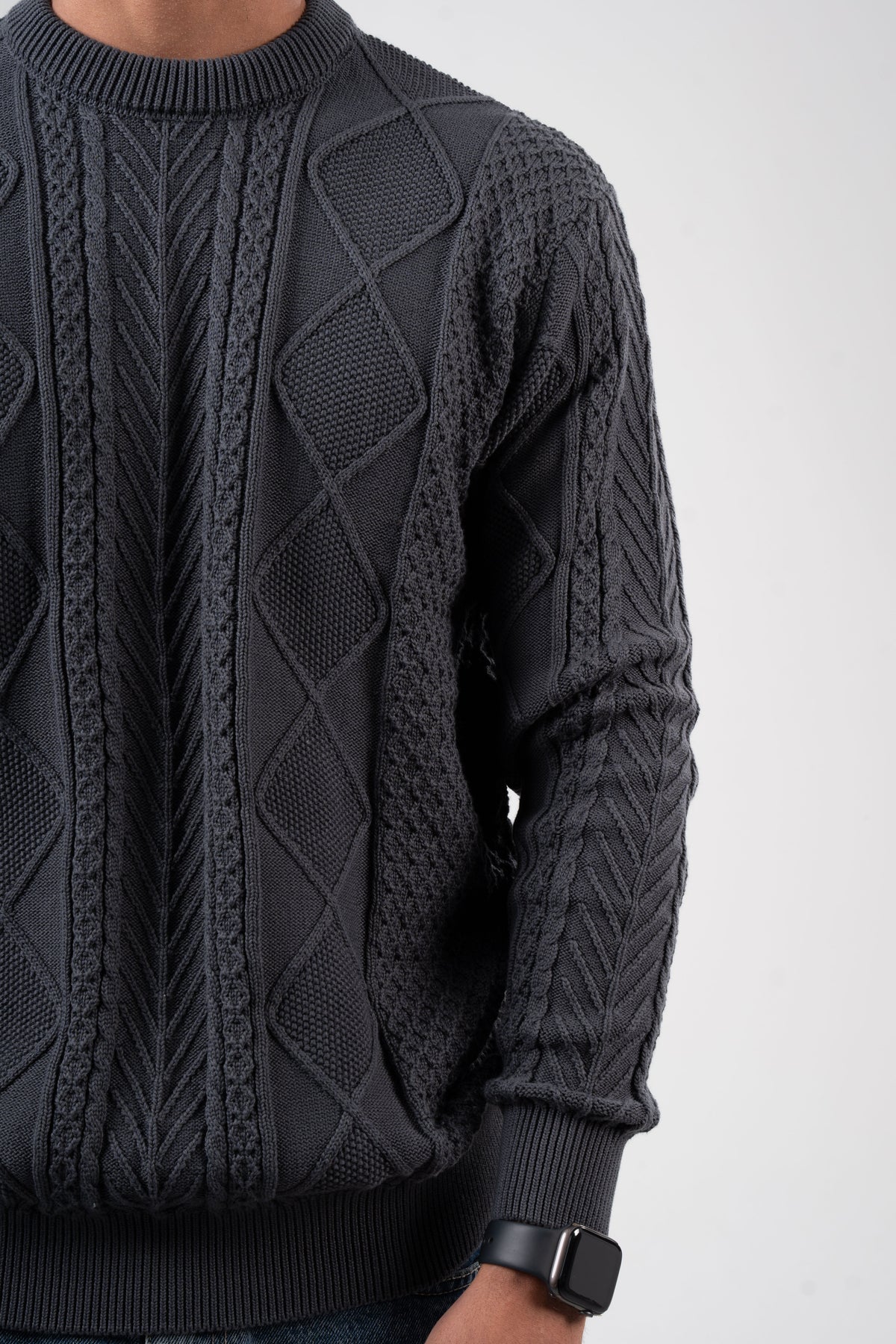 DARK GREY BRAIDED KNIT PULLOVER
