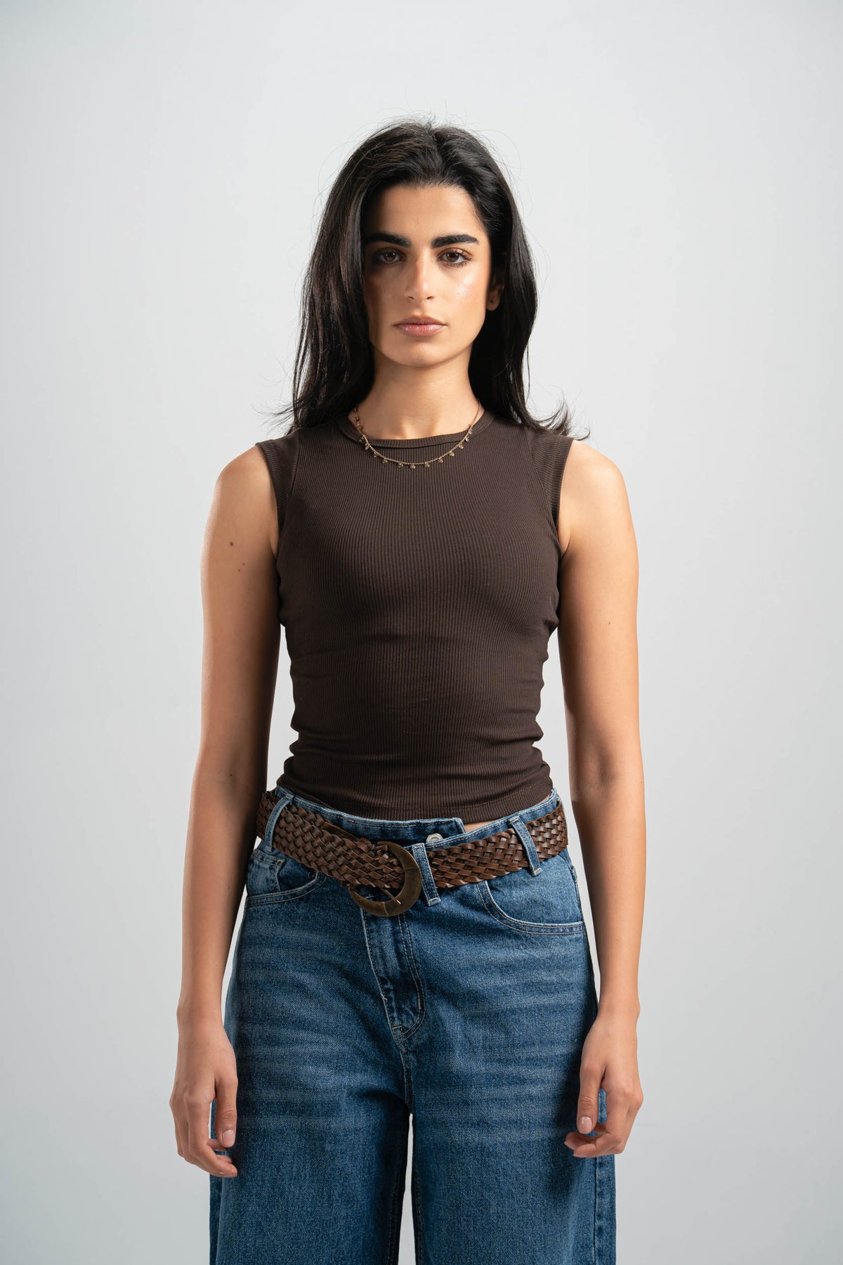 BROWN RIBBED CUT BASIC TOP