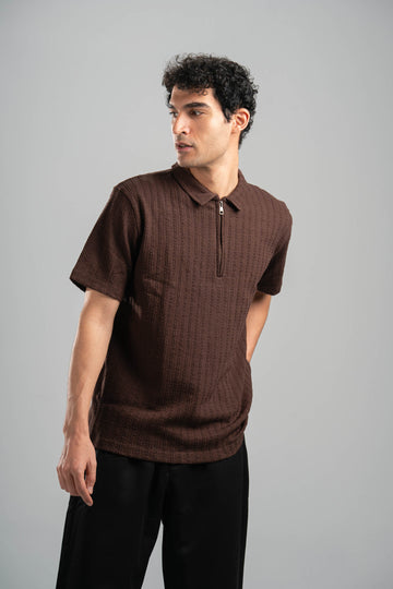 DARK BROWN BRAIDED TEXTURED ZIP UP