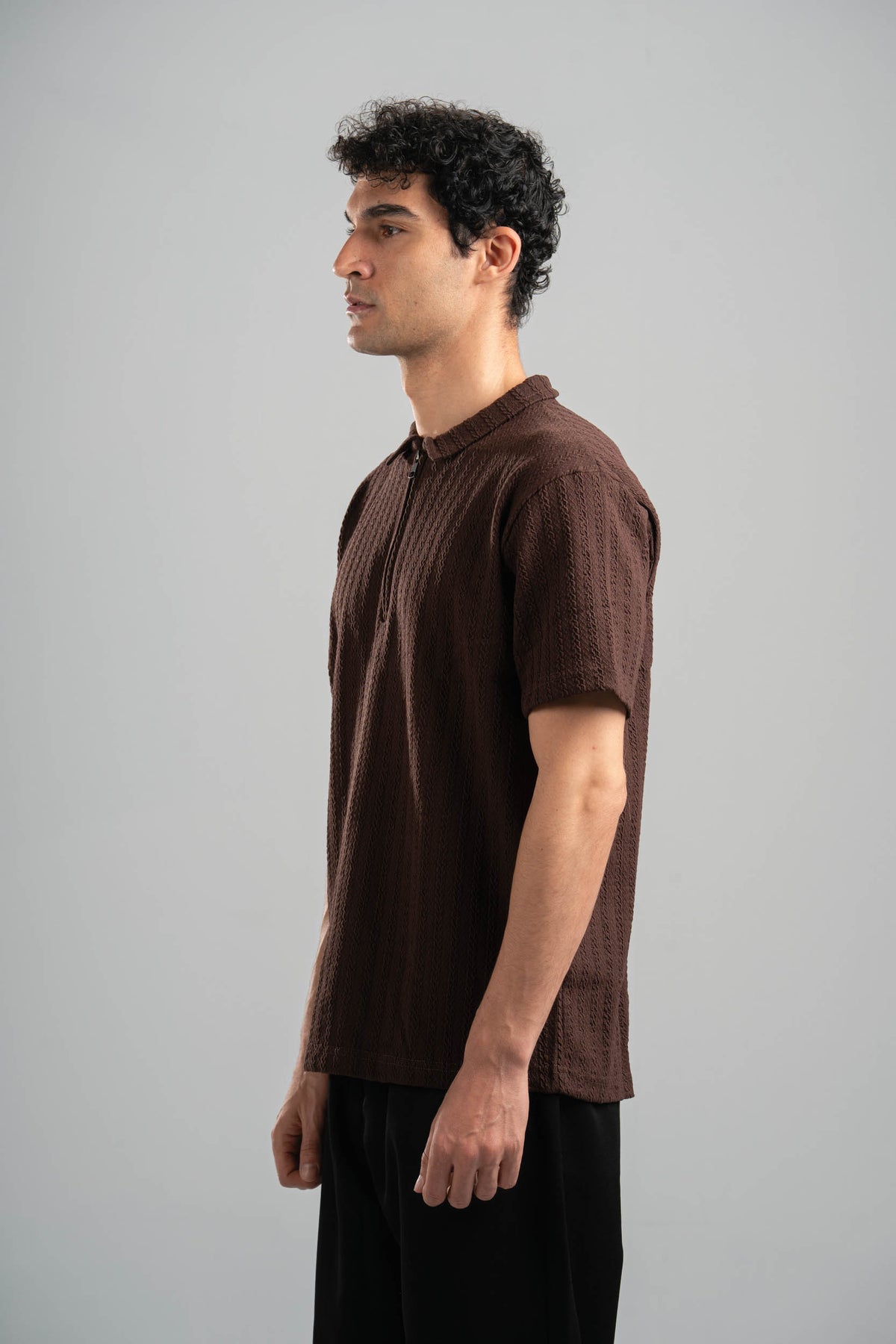 DARK BROWN BRAIDED TEXTURED ZIP UP