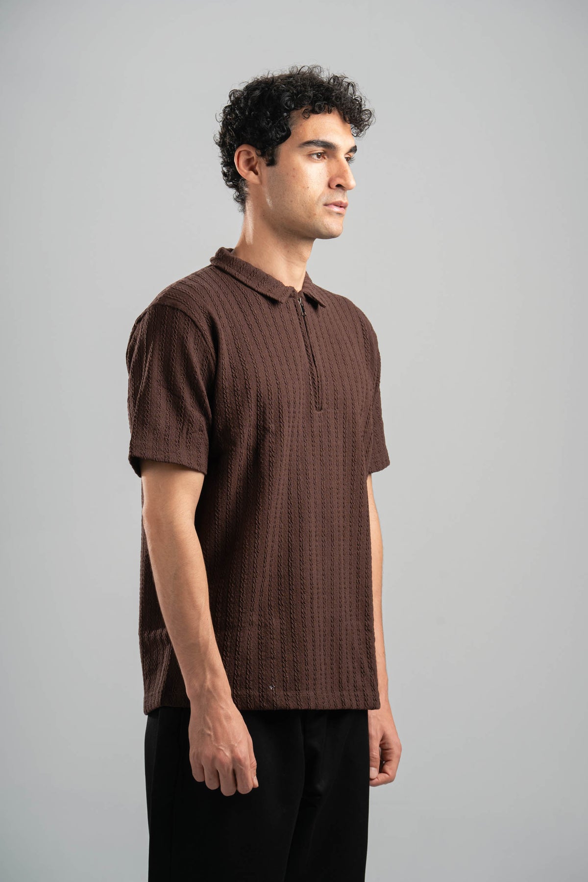 DARK BROWN BRAIDED TEXTURED ZIP UP