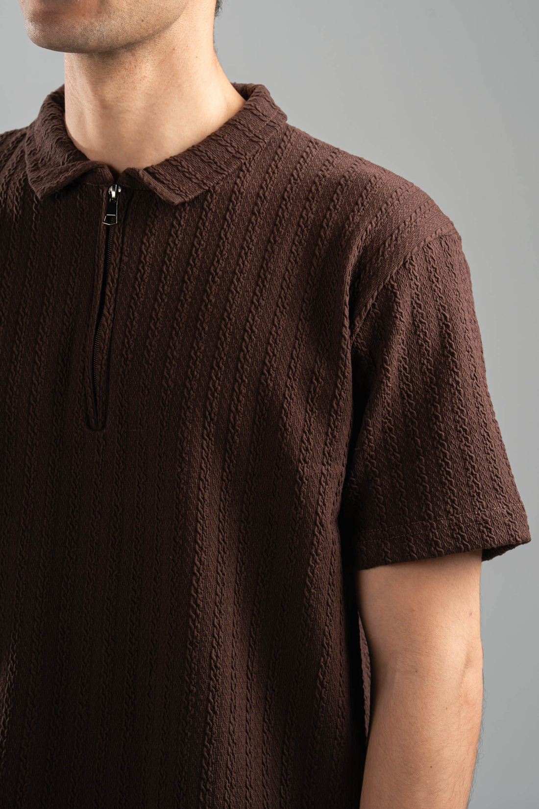 DARK BROWN BRAIDED TEXTURED ZIP UP