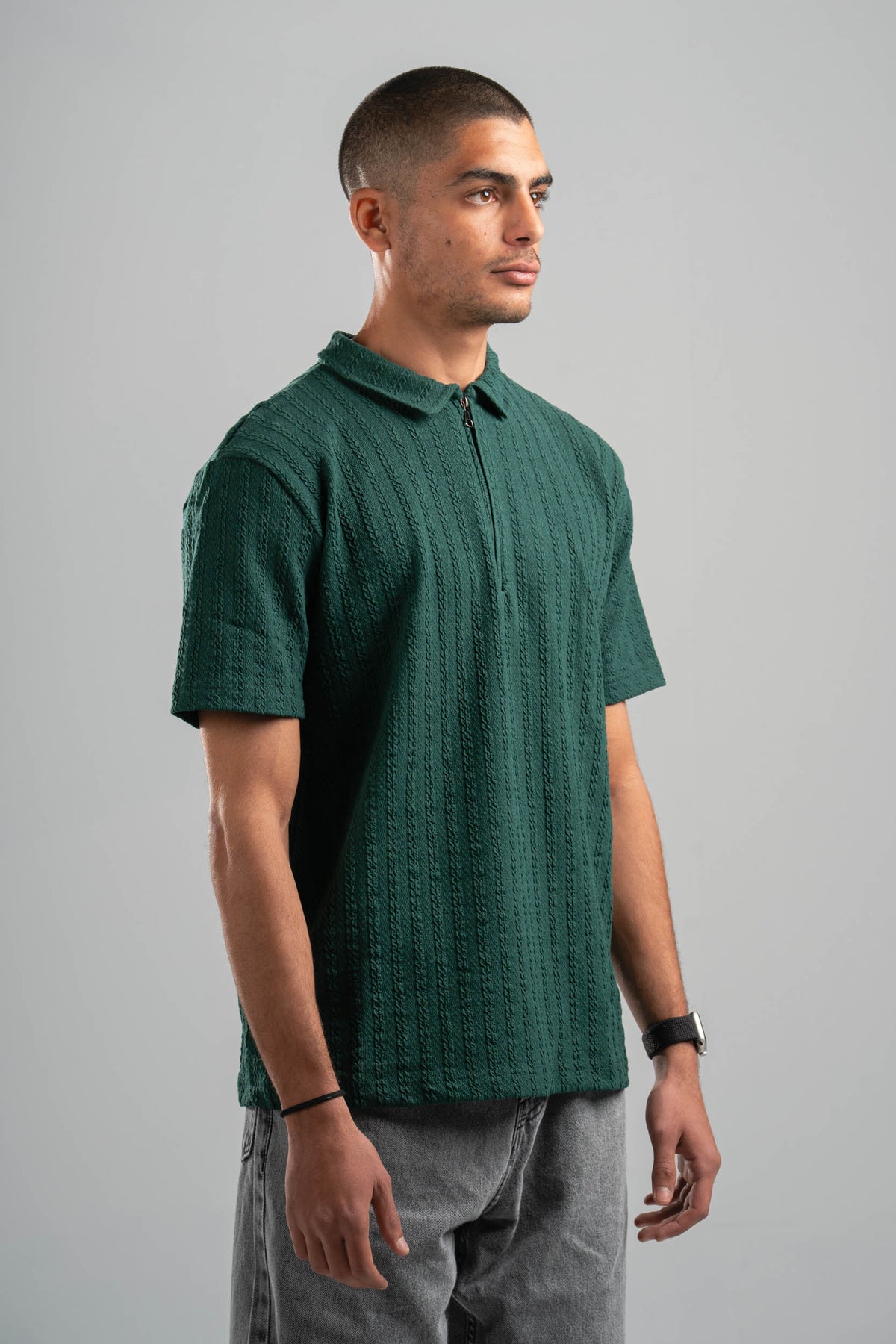 DARK GREEN BRAIDED TEXTURED ZIP UP