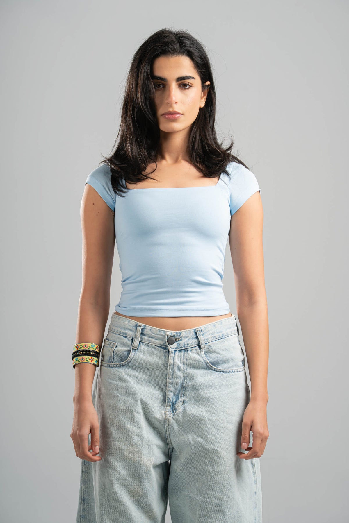 SKY BLUE COTTON SQUARE NECK TOP