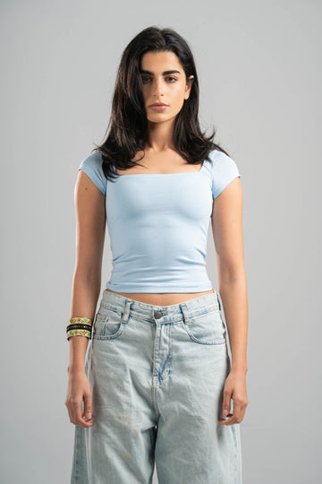 SKY BLUE COTTON SQUARE NECK TOP