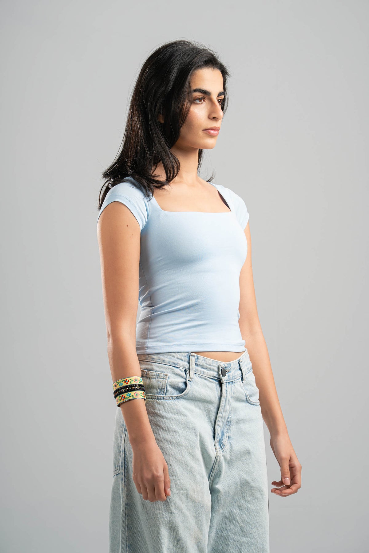 SKY BLUE COTTON SQUARE NECK TOP