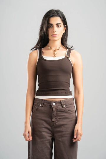 BROWN X WHITE RIBBED DOUBLE LAYER TOP WITH RING