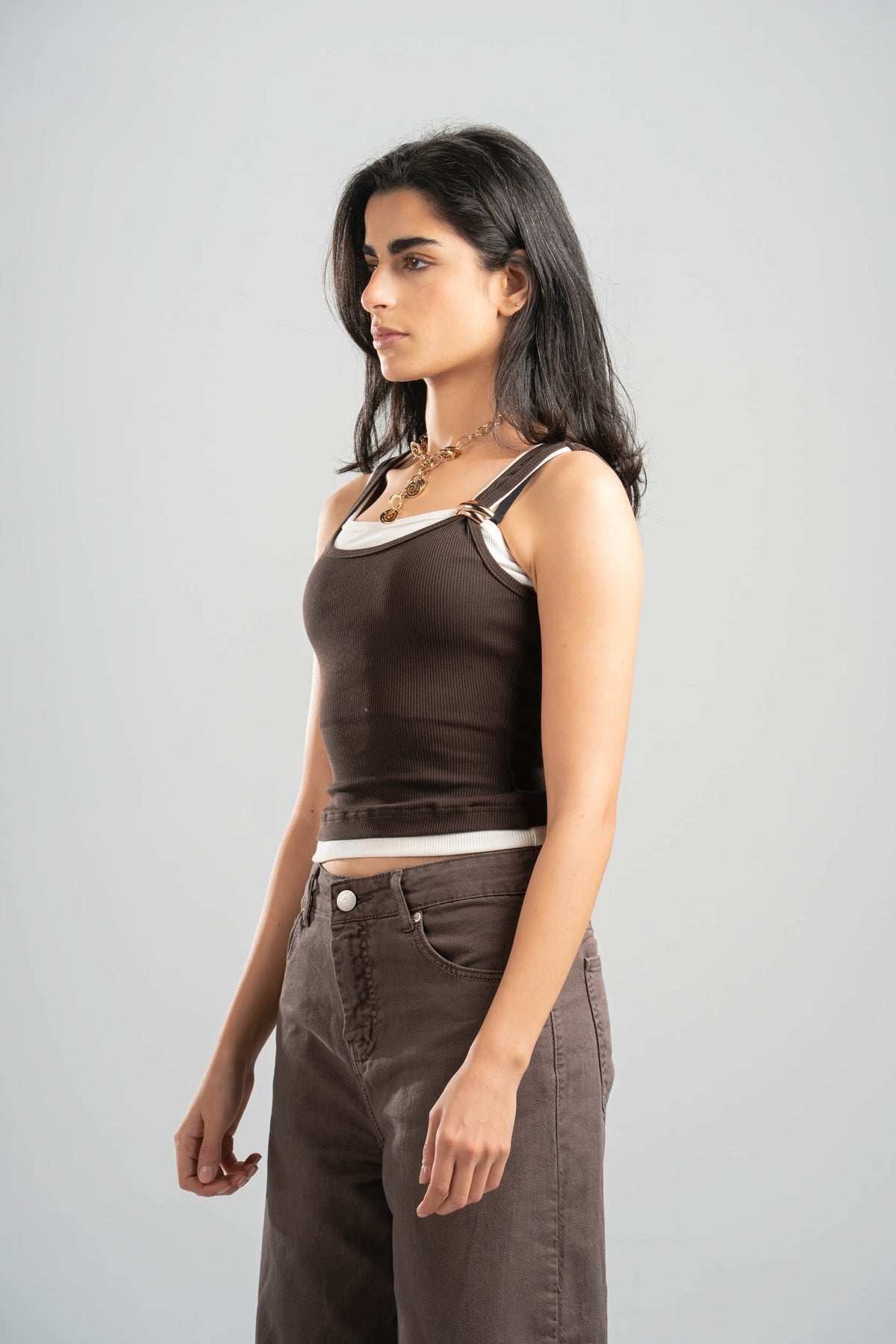 BROWN X WHITE RIBBED DOUBLE LAYER TOP WITH RING