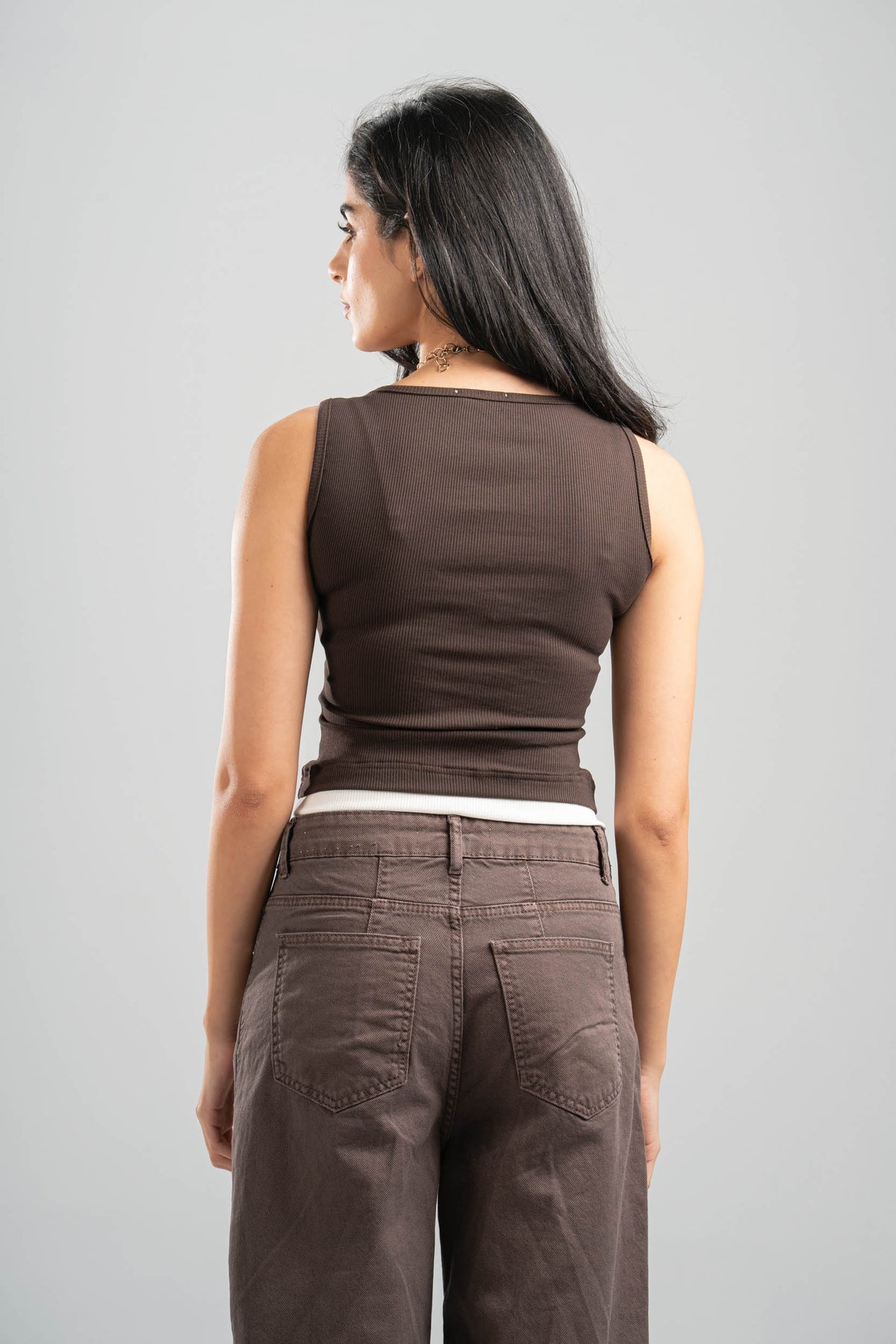 BROWN X WHITE RIBBED DOUBLE LAYER TOP WITH RING