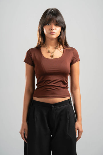 DARK BROWN ESSENTIAL WIDE NECK TOP