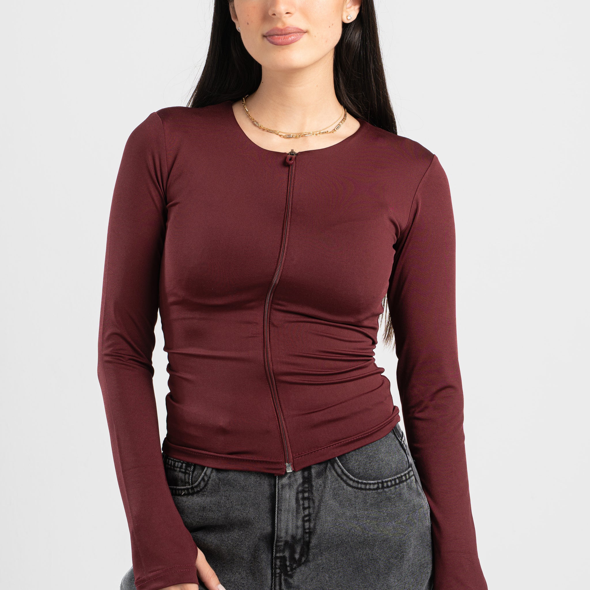 BURGUNDY FULL-ZIPPER TOP