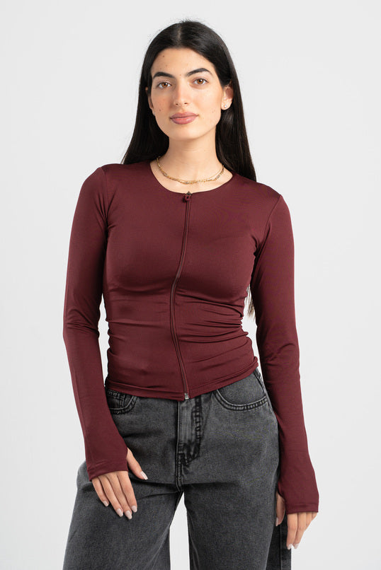 BURGUNDY FULL-ZIPPER TOP