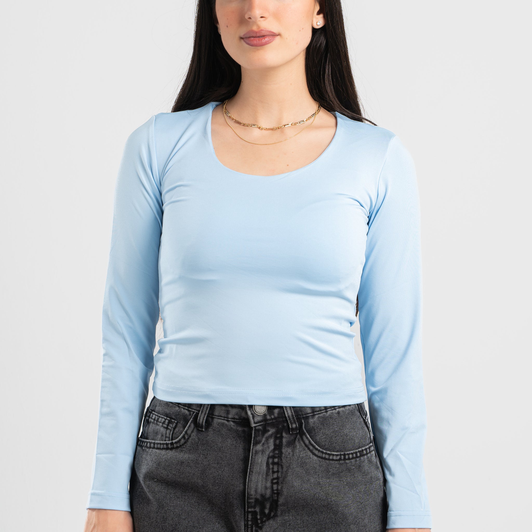 SKY-BLUE LONG SLEEVES WIDE NECK TOP