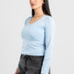 SKY-BLUE LONG SLEEVES WIDE NECK TOP