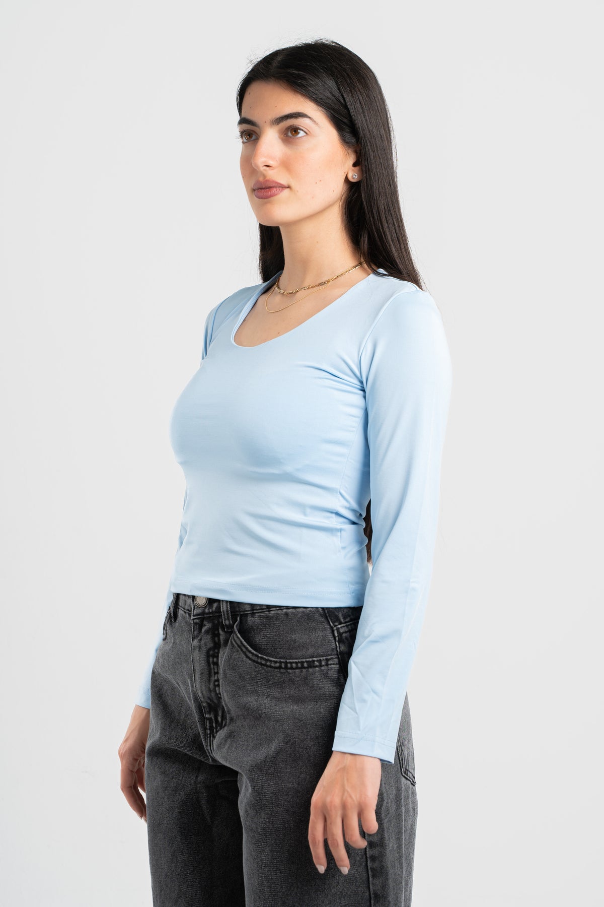 SKY-BLUE LONG SLEEVES WIDE NECK TOP