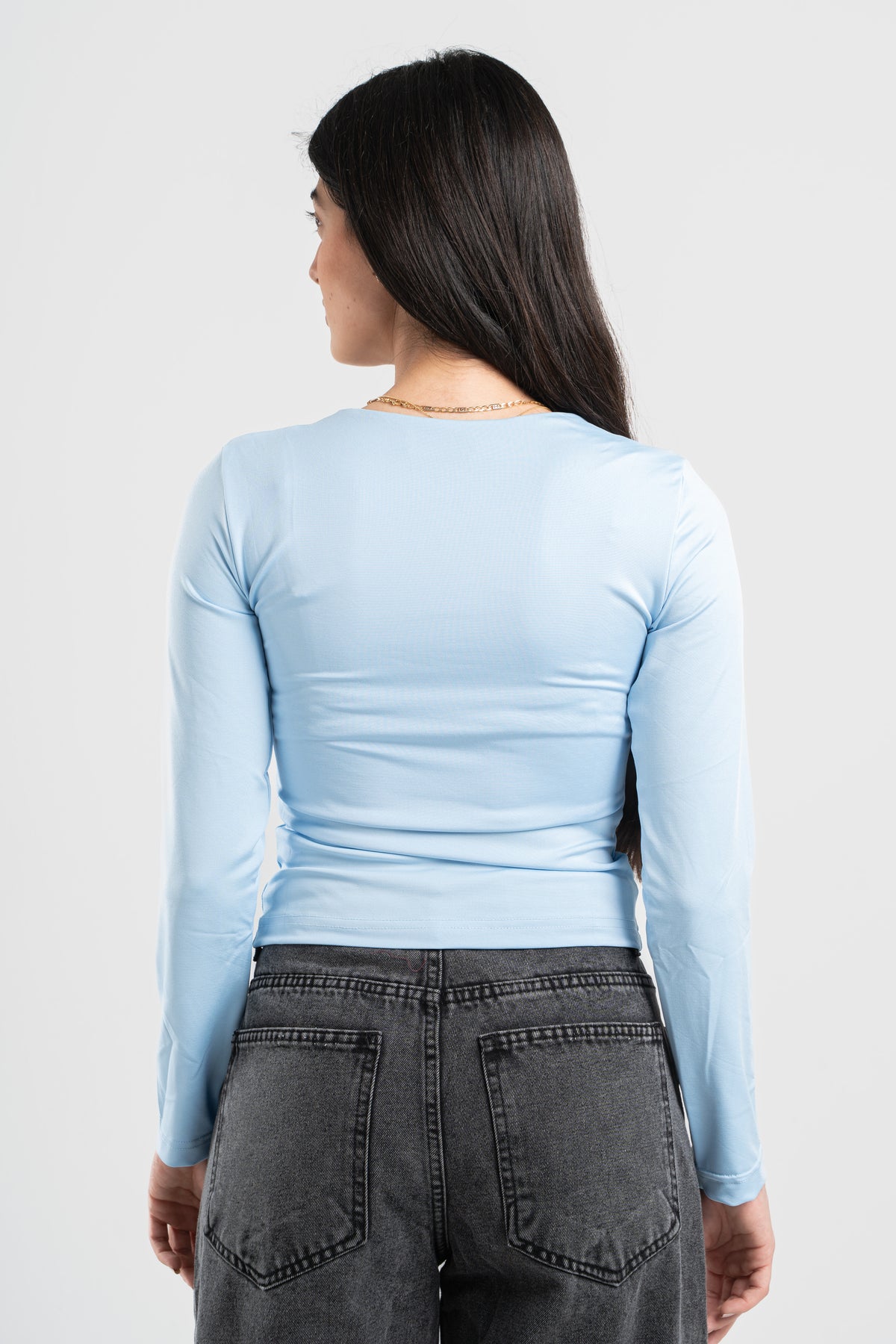 SKY-BLUE LONG SLEEVES WIDE NECK TOP