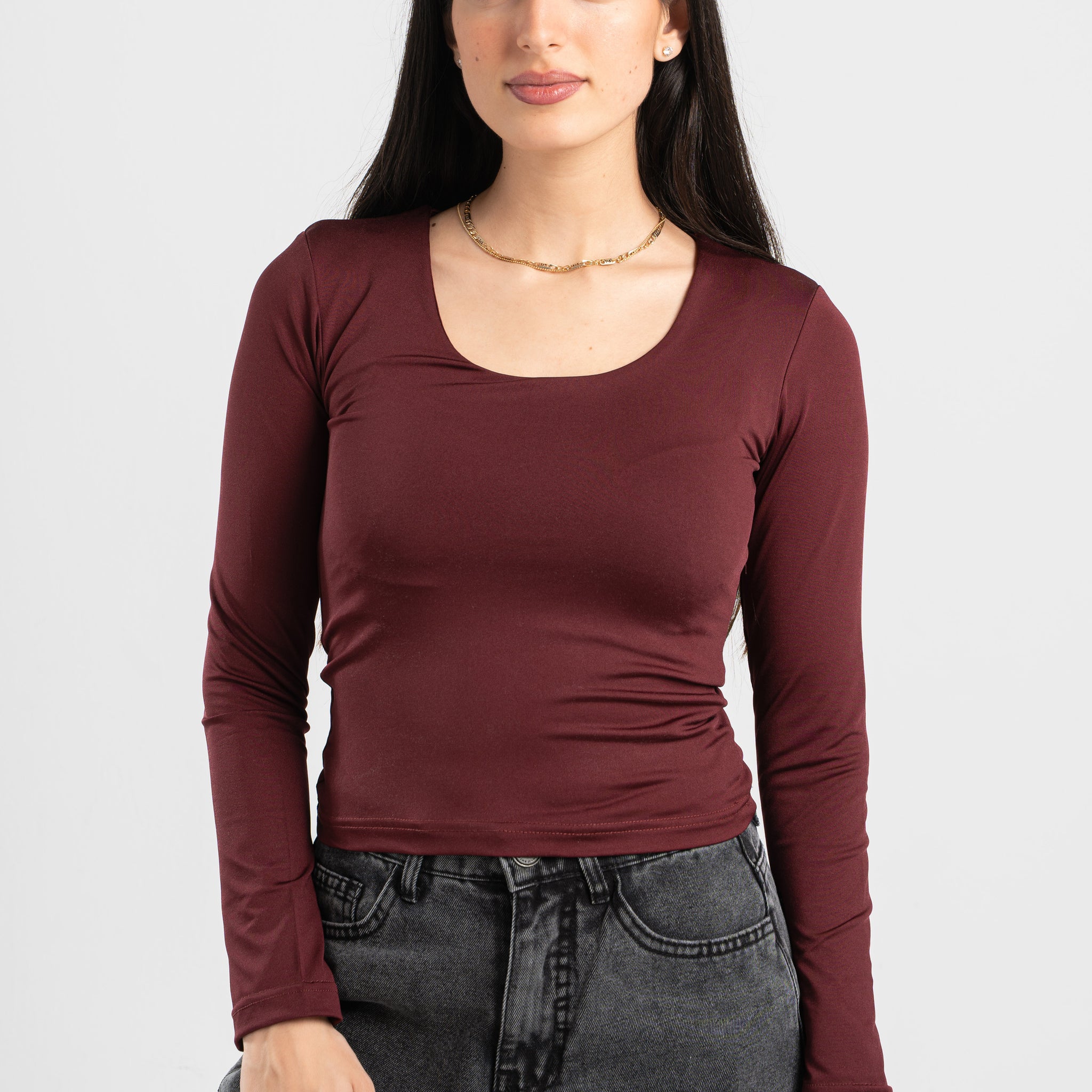 BURGUNDY LONG SLEEVES WIDE NECK TOP