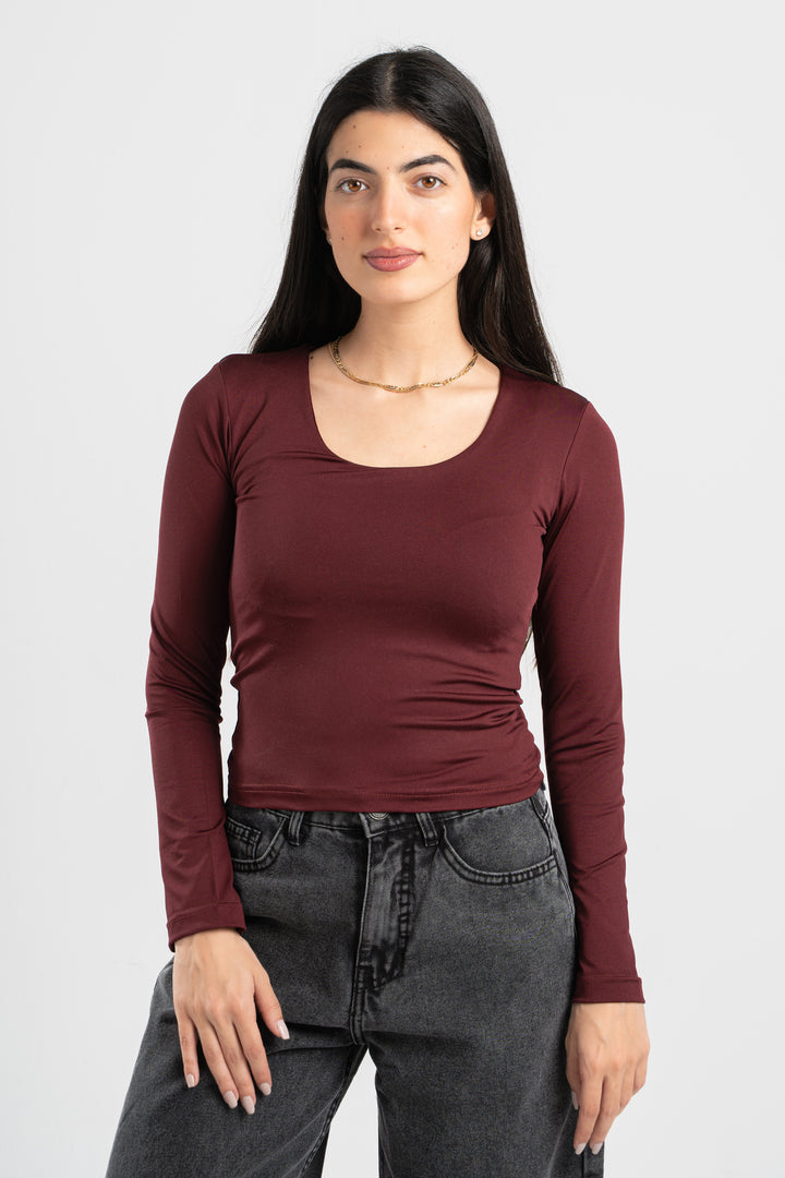 BURGUNDY LONG SLEEVES WIDE NECK TOP