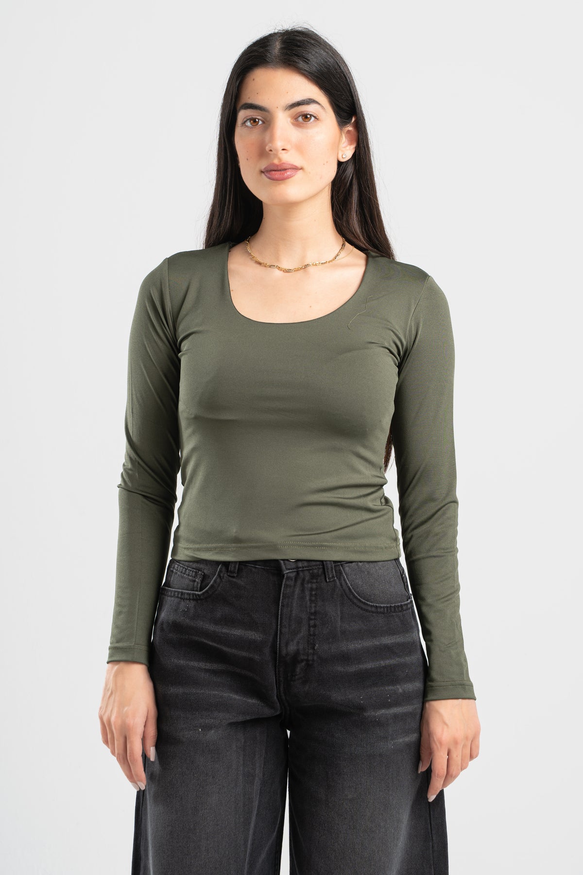 FOREST GREEN LONG SLEEVES WIDE NECK TOP